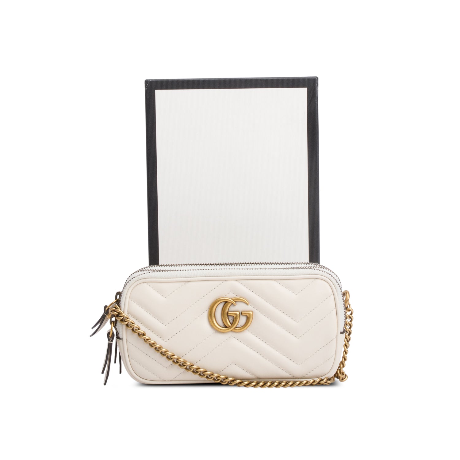 Gucci White Calfskin GG Marmont Triple Zip Crossbody Bag w/ Box