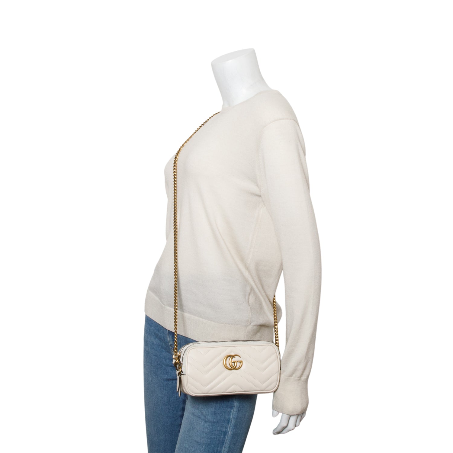 Gucci White Calfskin GG Marmont Triple Zip Crossbody Bag w/ Box