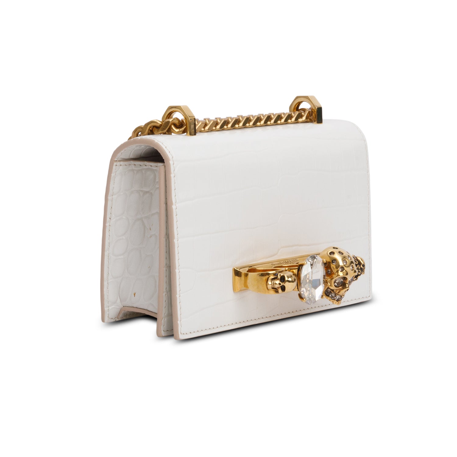 Alexander McQueen White Calfskin Shiny Croc Embossed Mini Jeweled Satchel