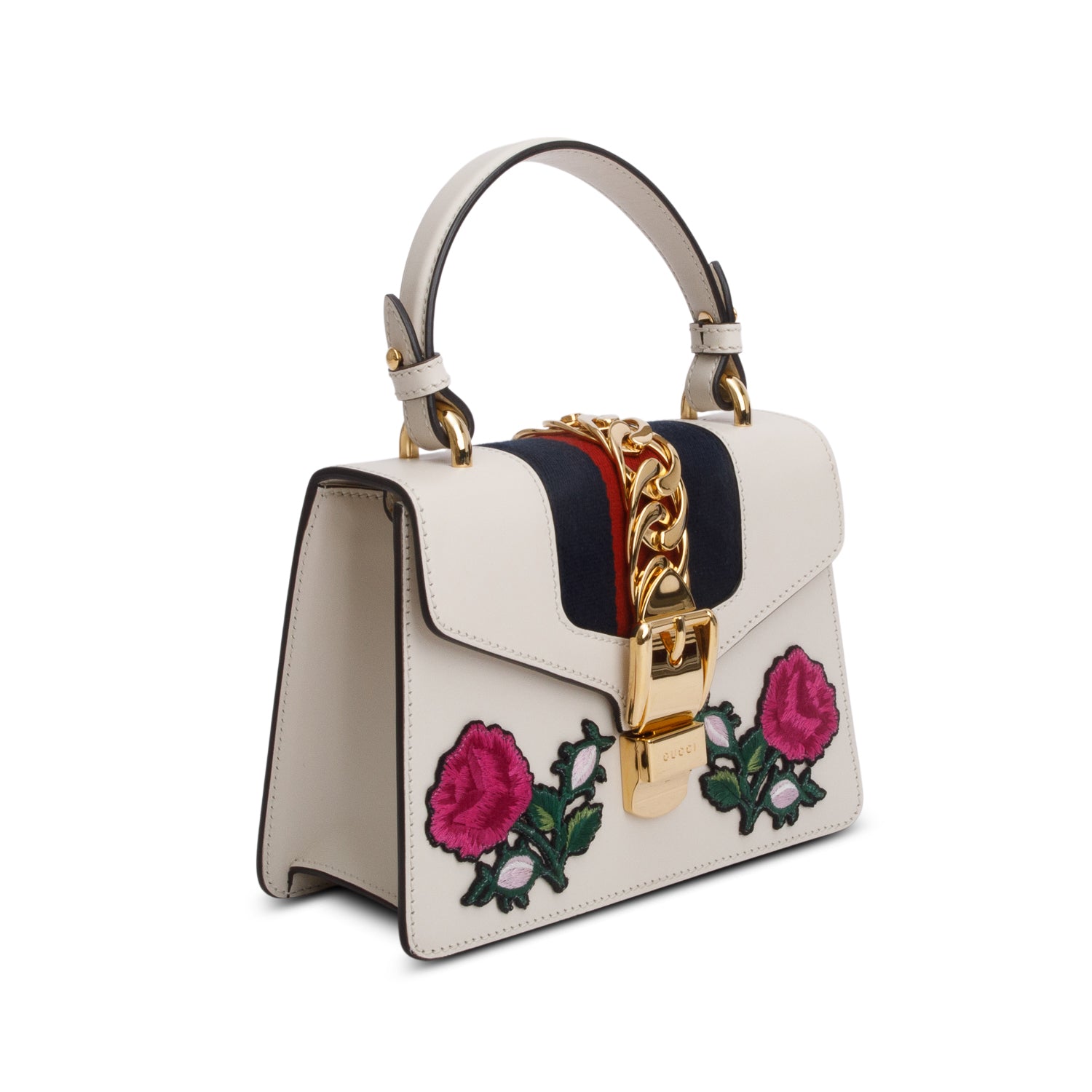 Gucci White Calfskin Embroidered Mini Sylvie Top Handle Bag w/ Strap