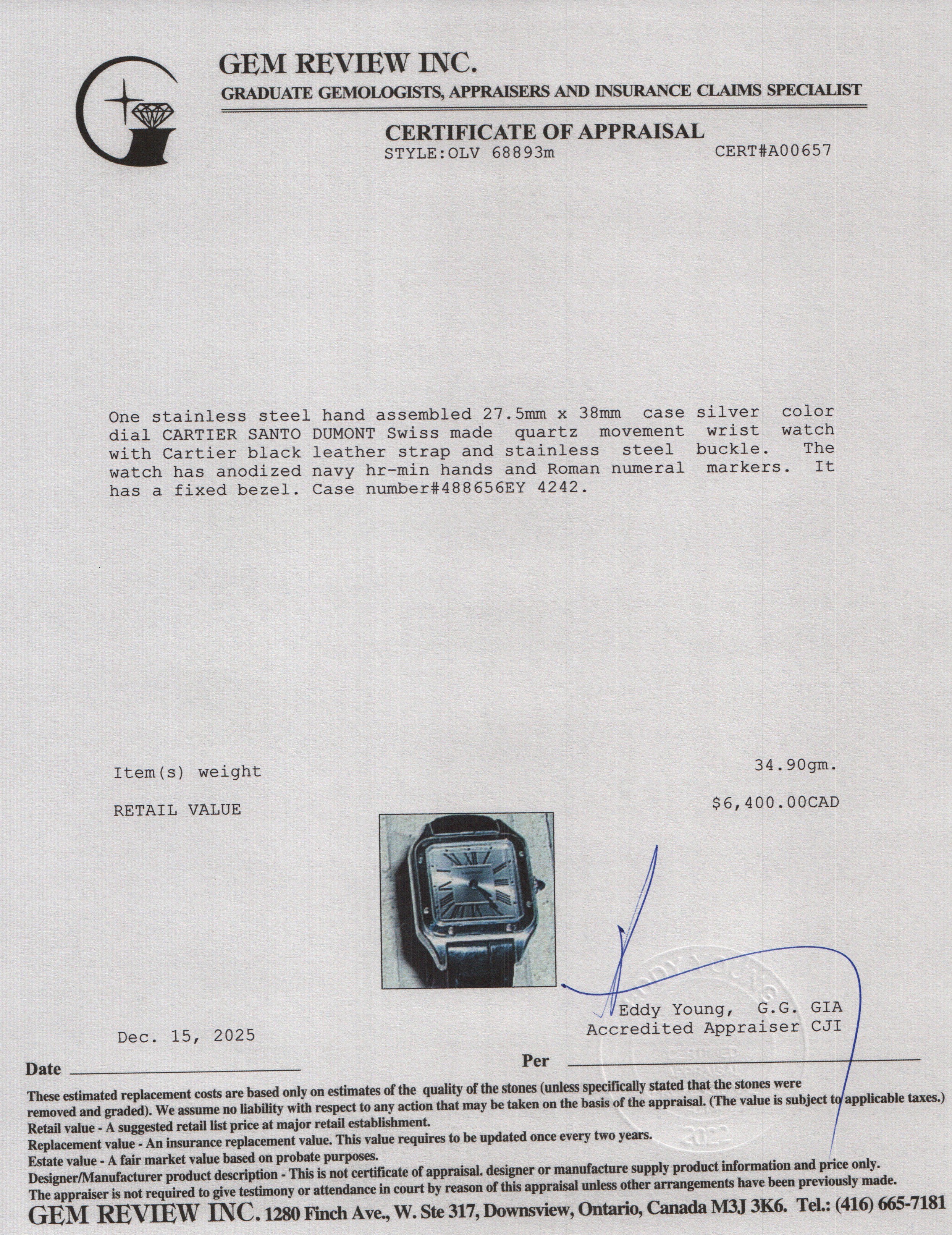 Cartier 2025 Stainless Steel Santos Dumont Watch, Small Model 4242 w/ Box & Papers