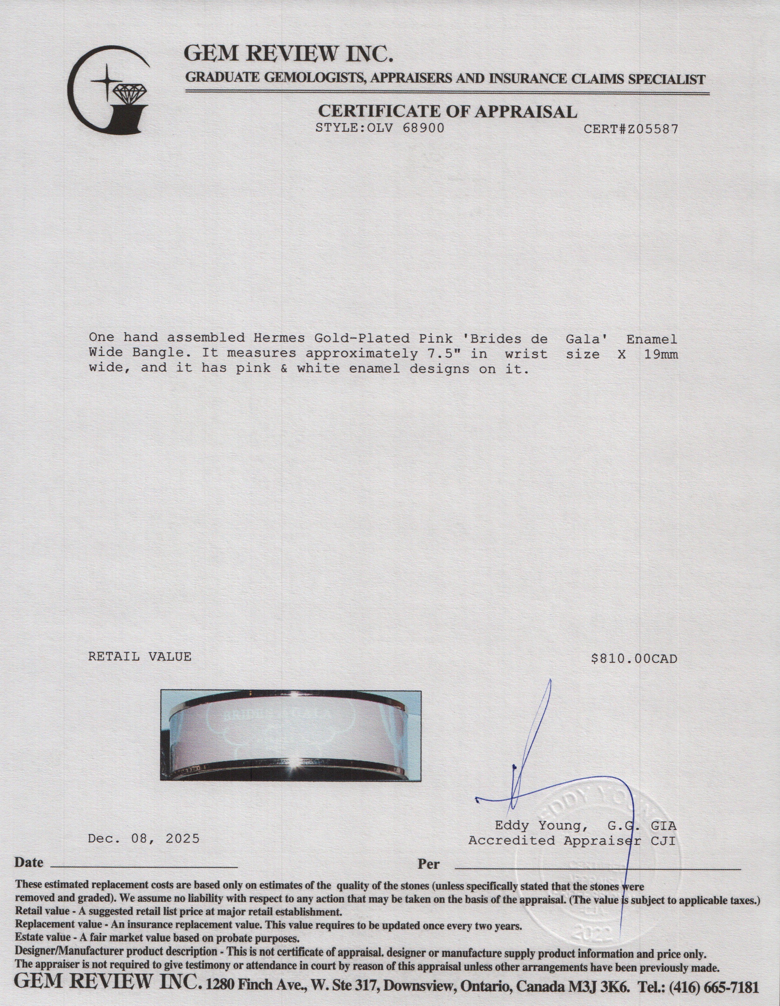 Hermes Gold-Plated Pink  'Brides de Gala' Enamel Wide Bangle w/ Box