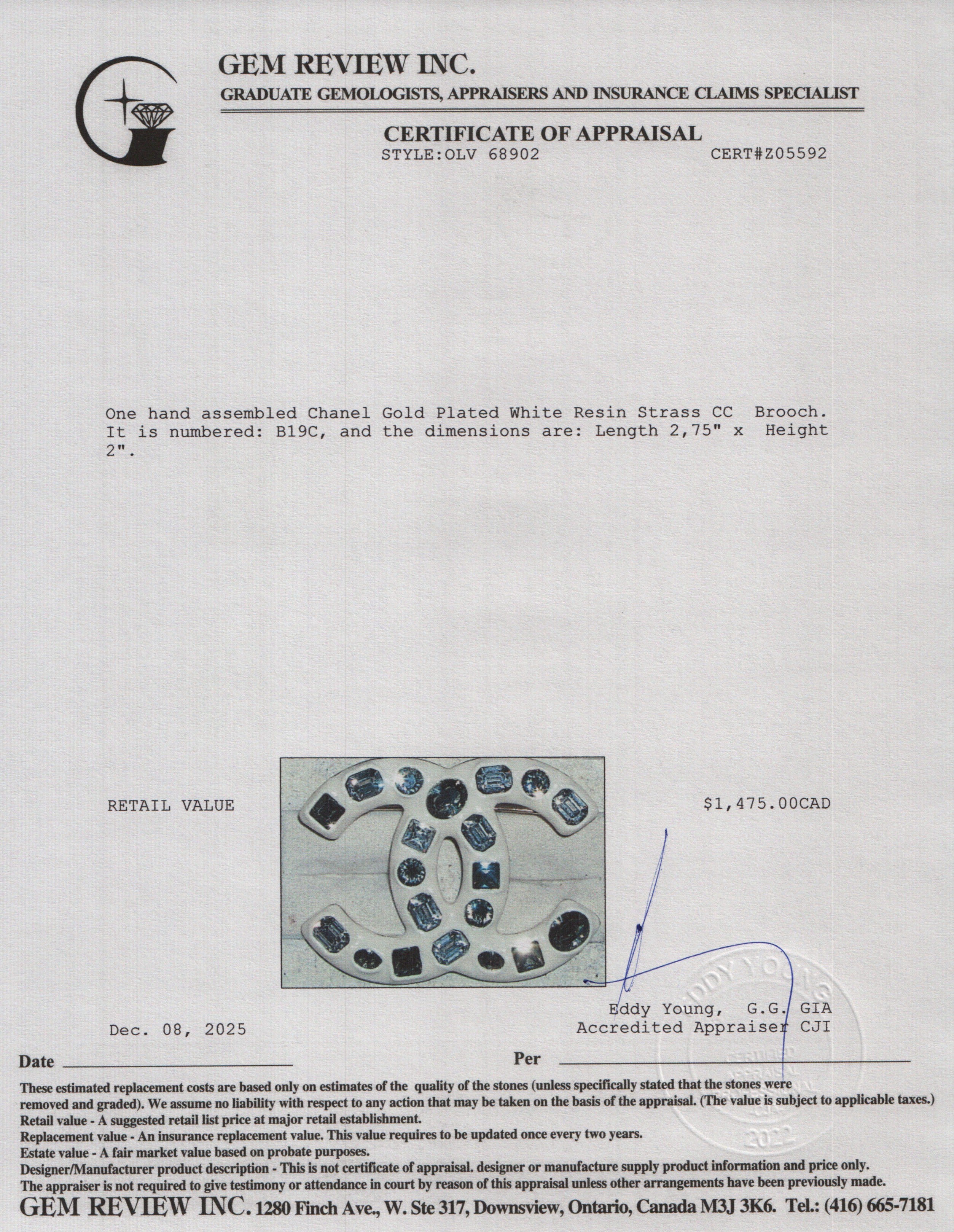 Chanel Gold Plated White Resin Strass CC Brooch w/ Box