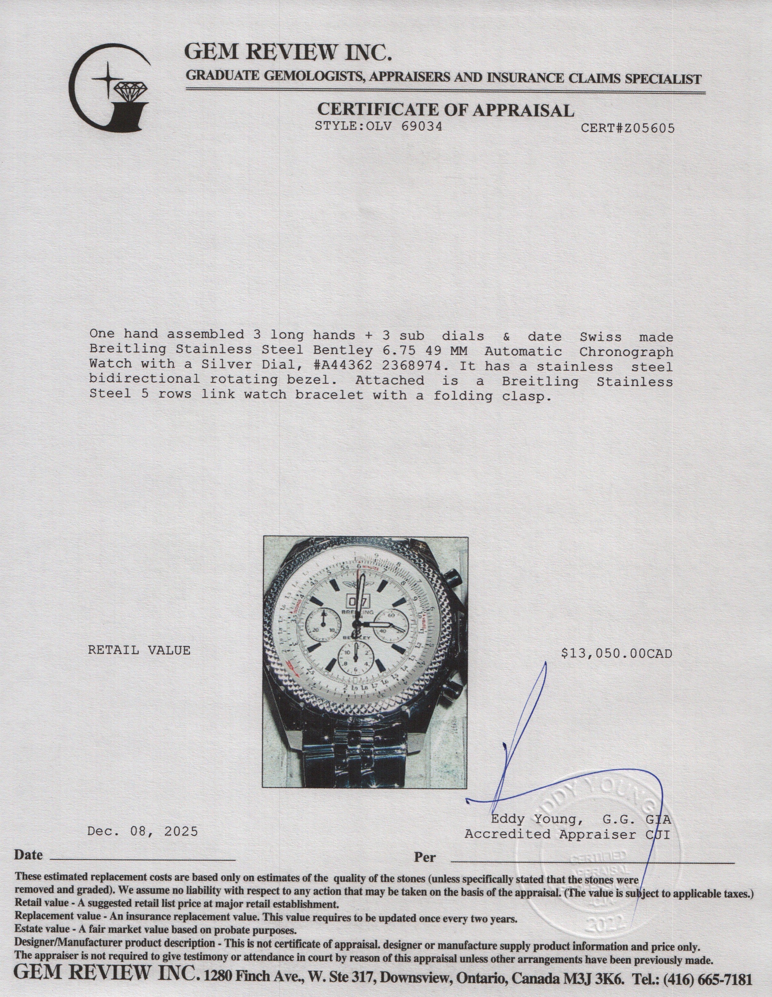 Breitling Stainless Steel Bentley 6.75 49 MM Automatic Chronograph Watch Silver Dial A44362 w/ Box & Papers