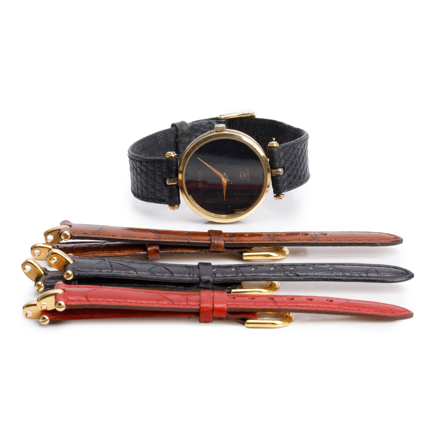 Gucci Vintage Gold Plated Stainless Steel Stack 2000M 30 MM Quartz Watch w/ Extra Straps