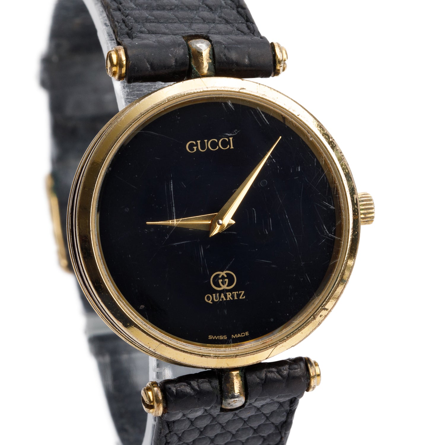 Gucci Vintage Gold Plated Stainless Steel Stack 2000M 30 MM Quartz Watch w/ Extra Straps