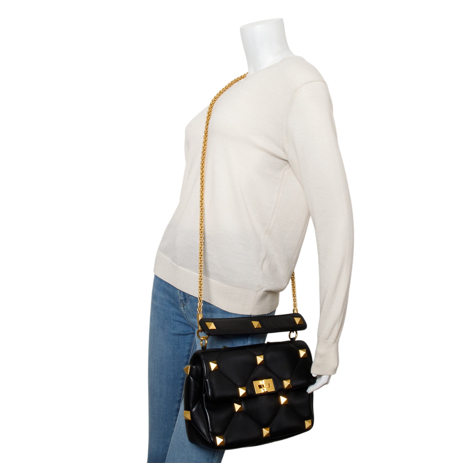 Valentino Black Nappa Medium Roman Stud Shoulder Bag