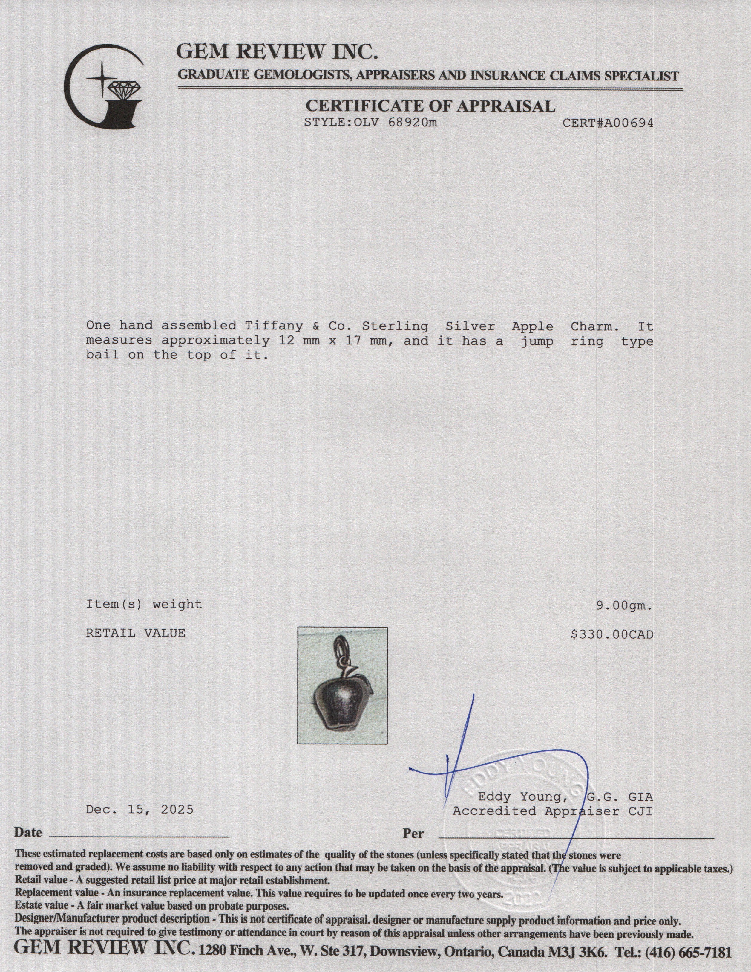 Tiffany & Co. Sterling Silver Apple Charm