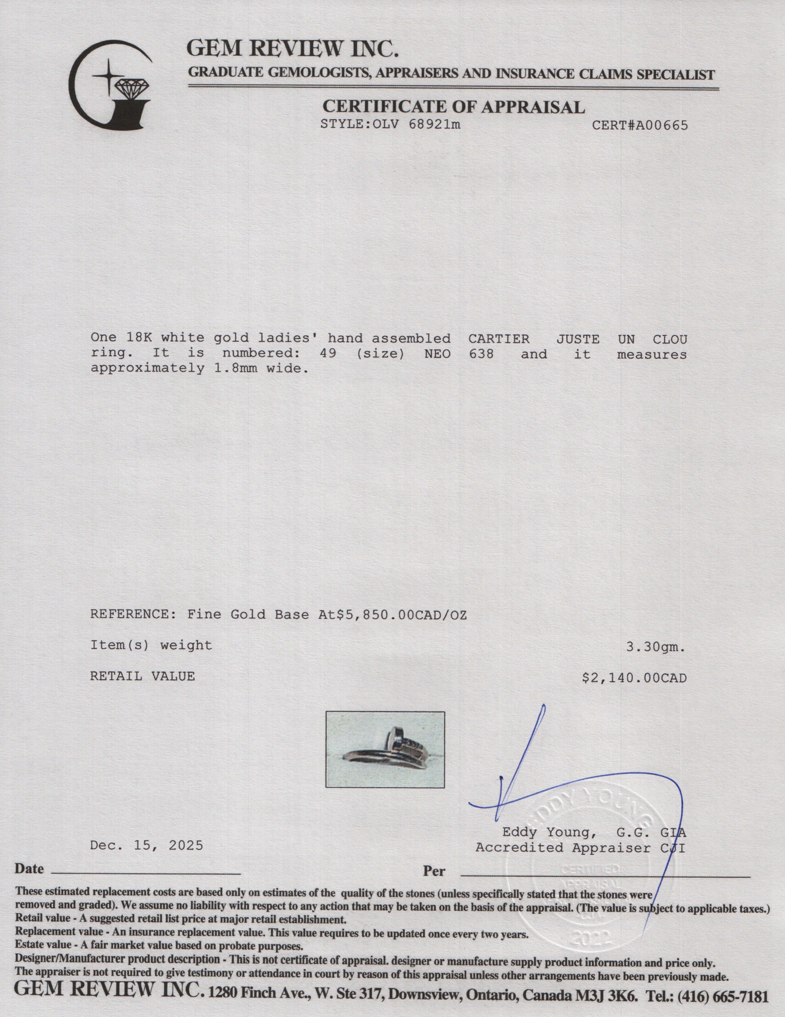 Cartier 18k White Gold Juste Un Clou Ring, Small Model, Size 49 4.75 w/ Box