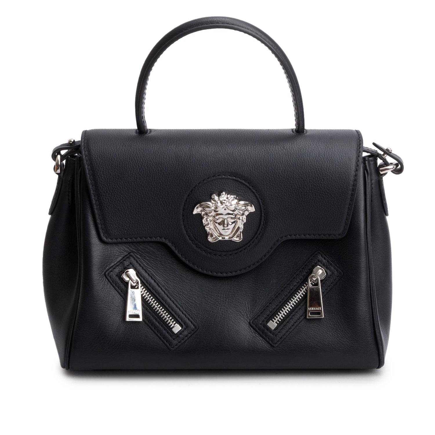 Versace Black Grained Calfskin Medium La Medusa Top Handle w/ Box & Straps