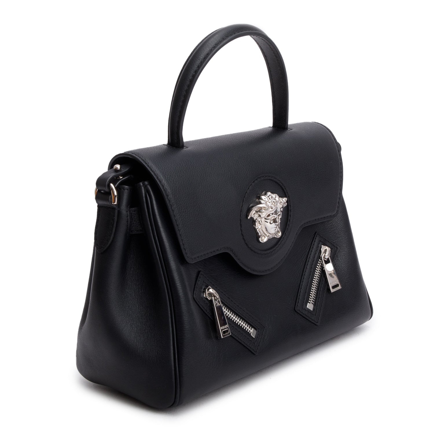 Versace Black Grained Calfskin Medium La Medusa Top Handle w/ Box & Straps