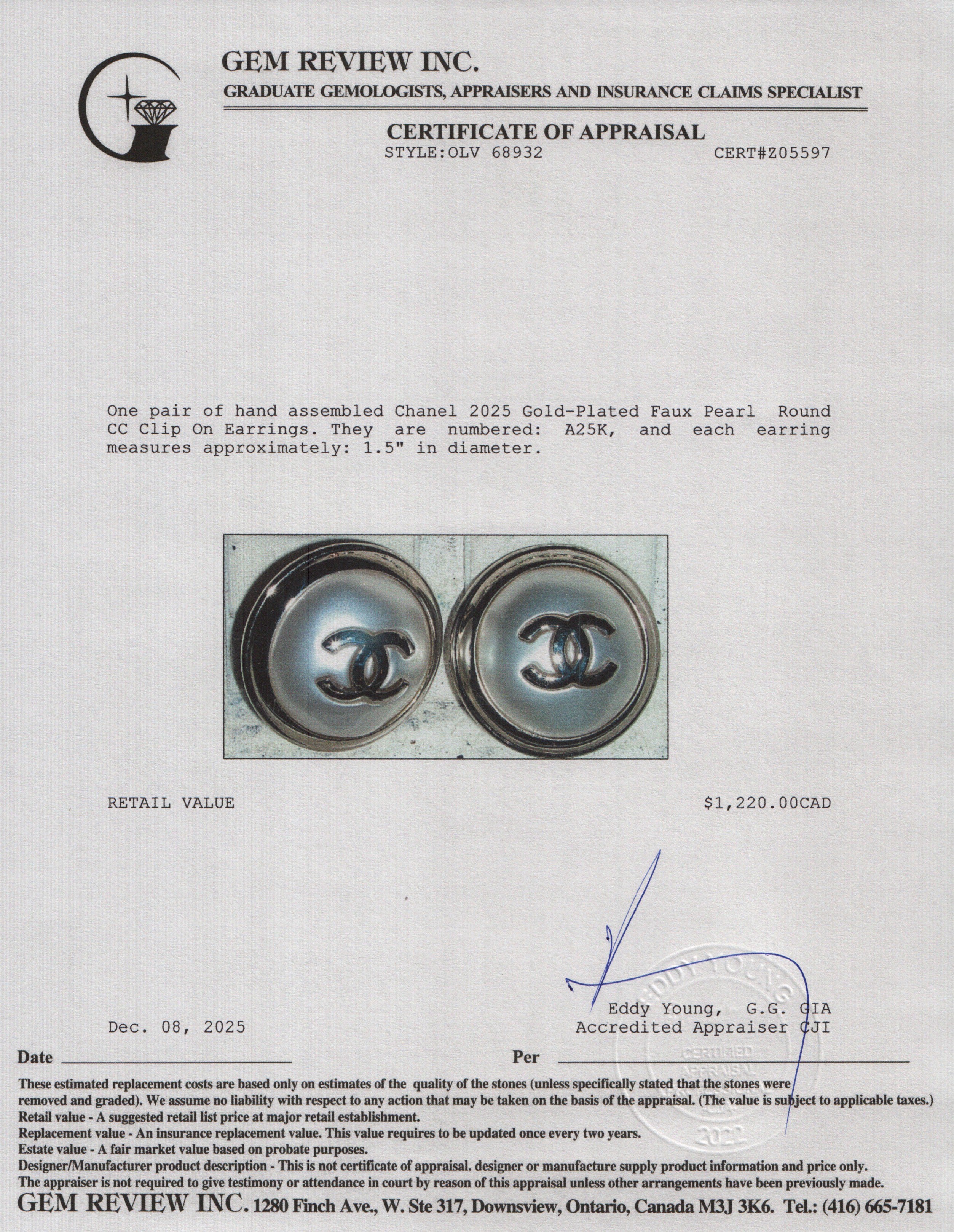 Chanel 2025 Gold-Plated Faux Pearl Round CC Clip On Earrings w/ Box