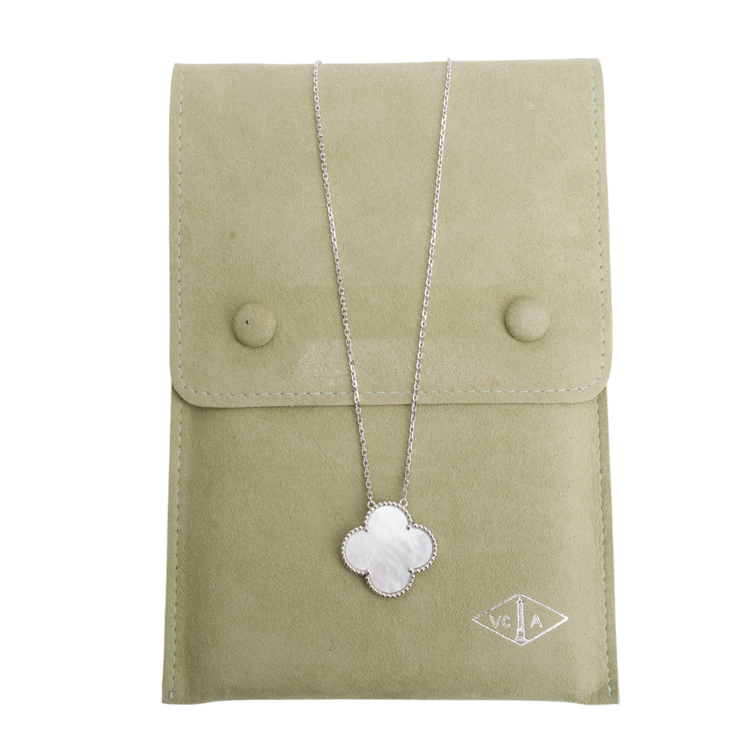 Van Cleef & Arpels 18k White Gold Magic Alhambra Mother Of Pearl Pendant Necklace w/ Pouch