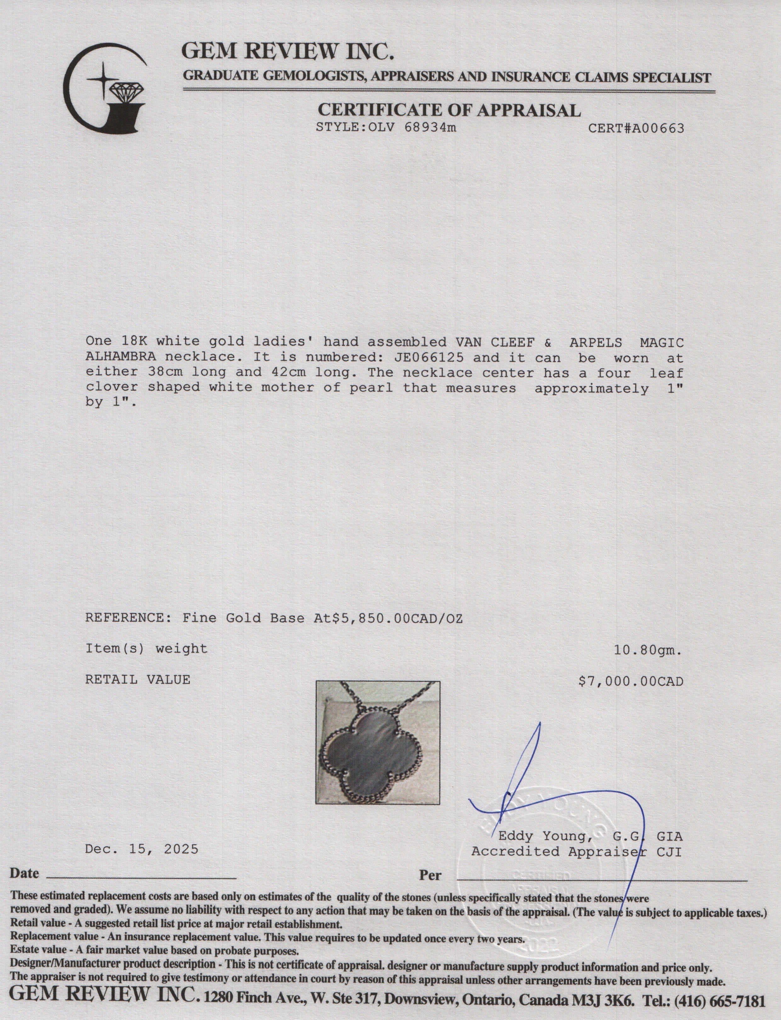 Van Cleef & Arpels 18k White Gold Magic Alhambra Mother Of Pearl Pendant Necklace w/ Pouch