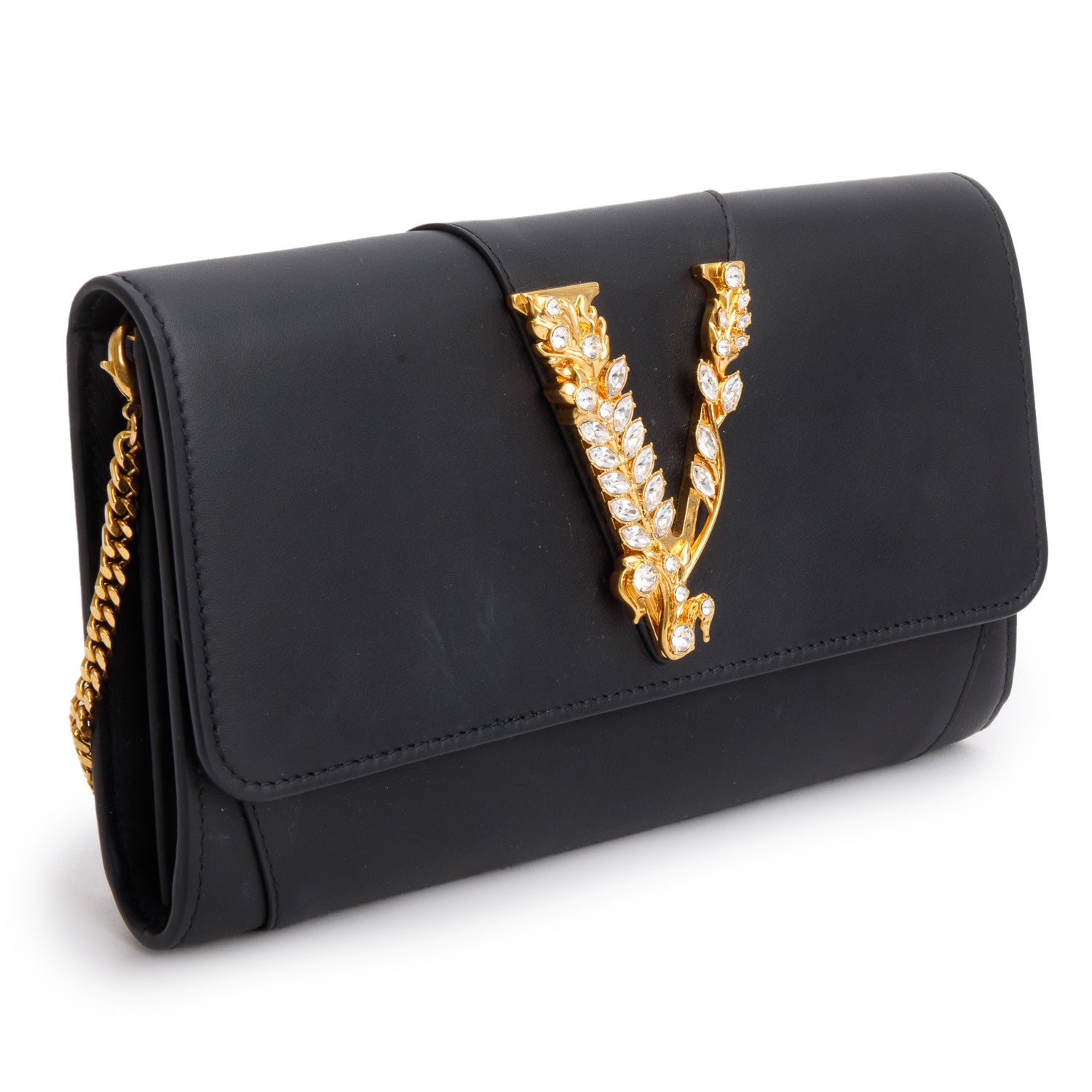 Versace Black Lambskin Virtus Crystal Embellished  Wallet on Chain