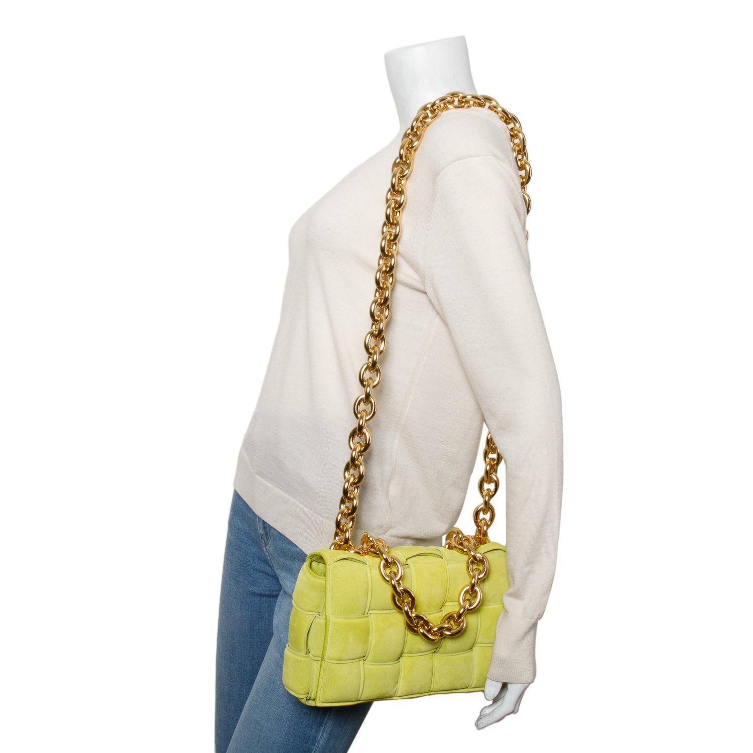 Bottega Veneta Green Suede Padded Leather Maxi Chain Cassette Bag