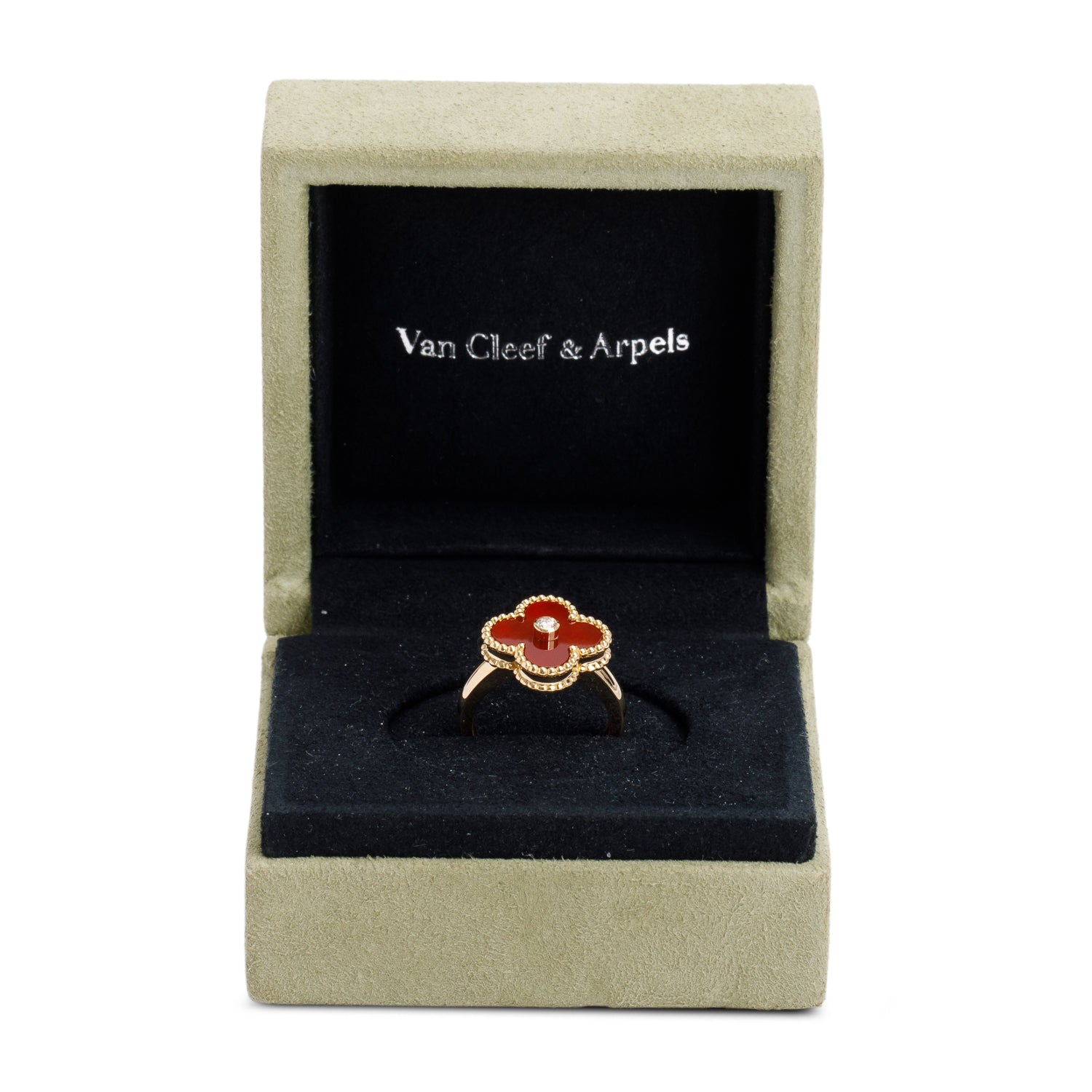 Van Cleef & Arpels 18k Yellow Gold Carnelian & Diamond Vintage Alhambra Ring, Size 49 5 w/ Box