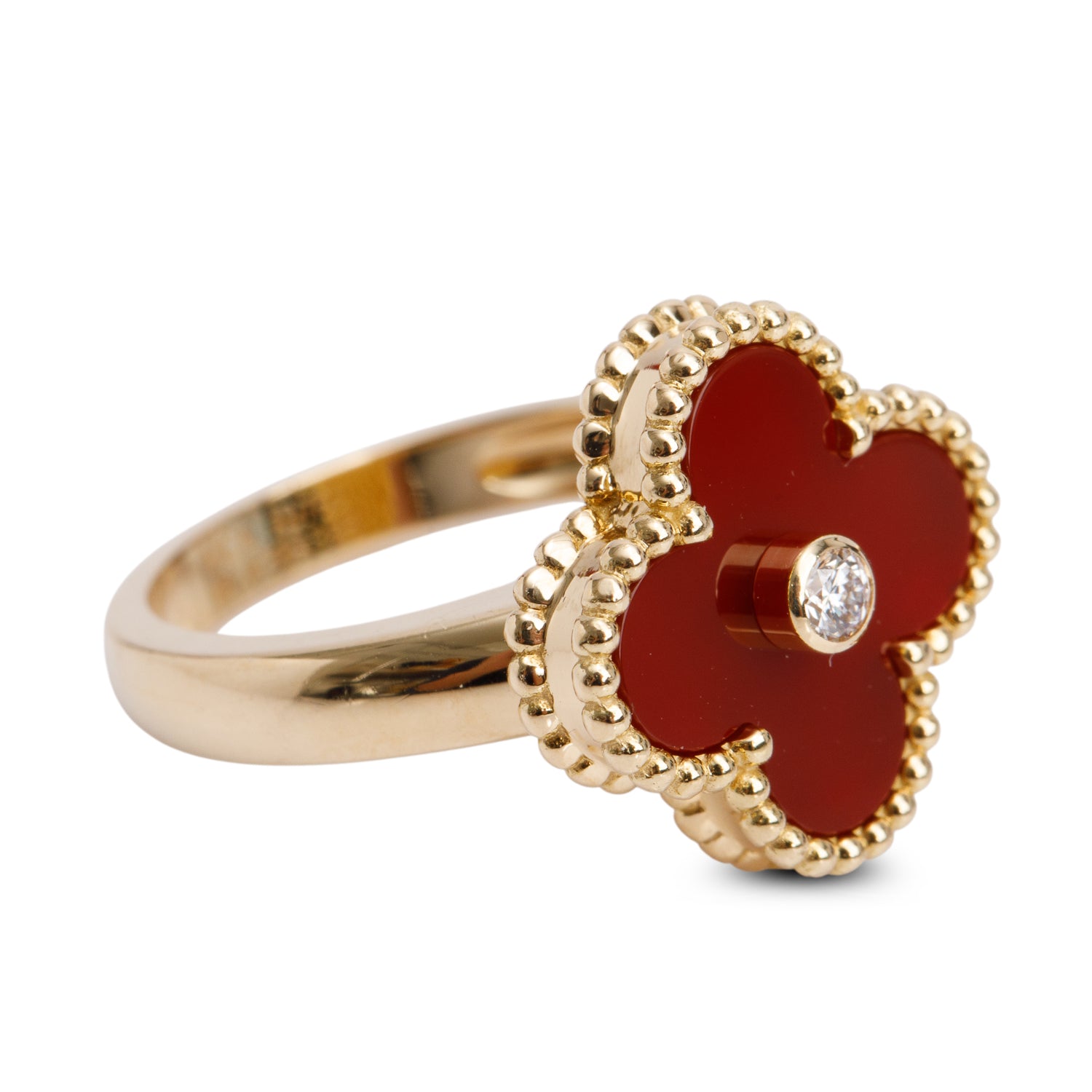 Van Cleef & Arpels 18k Yellow Gold Carnelian & Diamond Vintage Alhambra Ring, Size 49 5 w/ Box