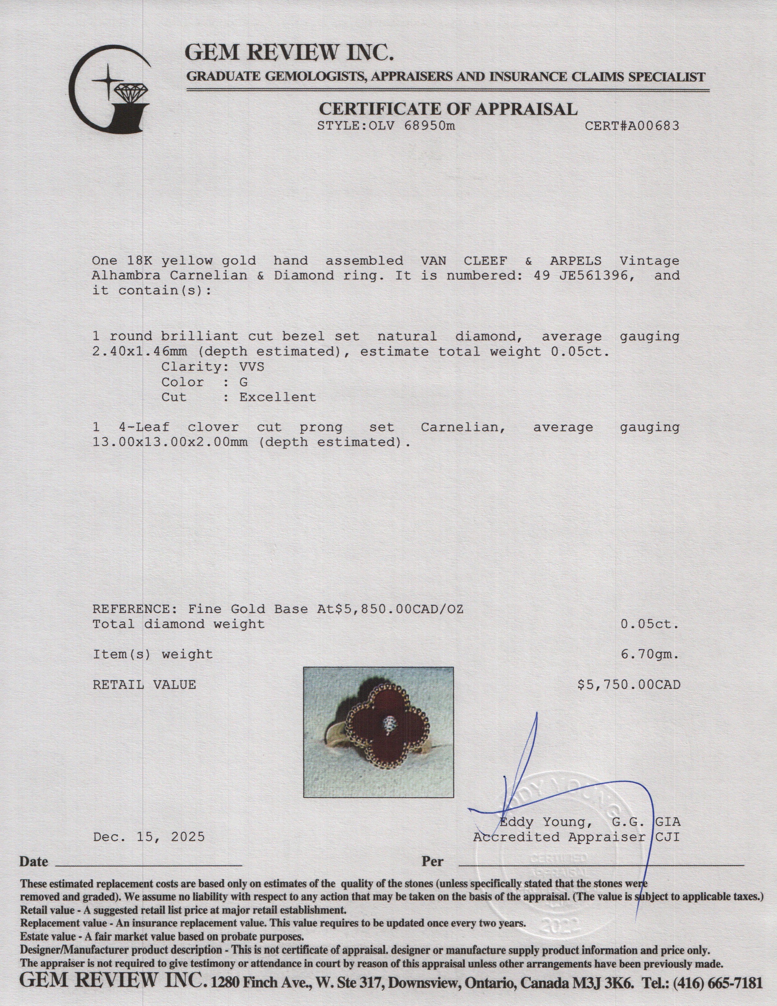 Van Cleef & Arpels 18k Yellow Gold Carnelian & Diamond Vintage Alhambra Ring, Size 49 5 w/ Box