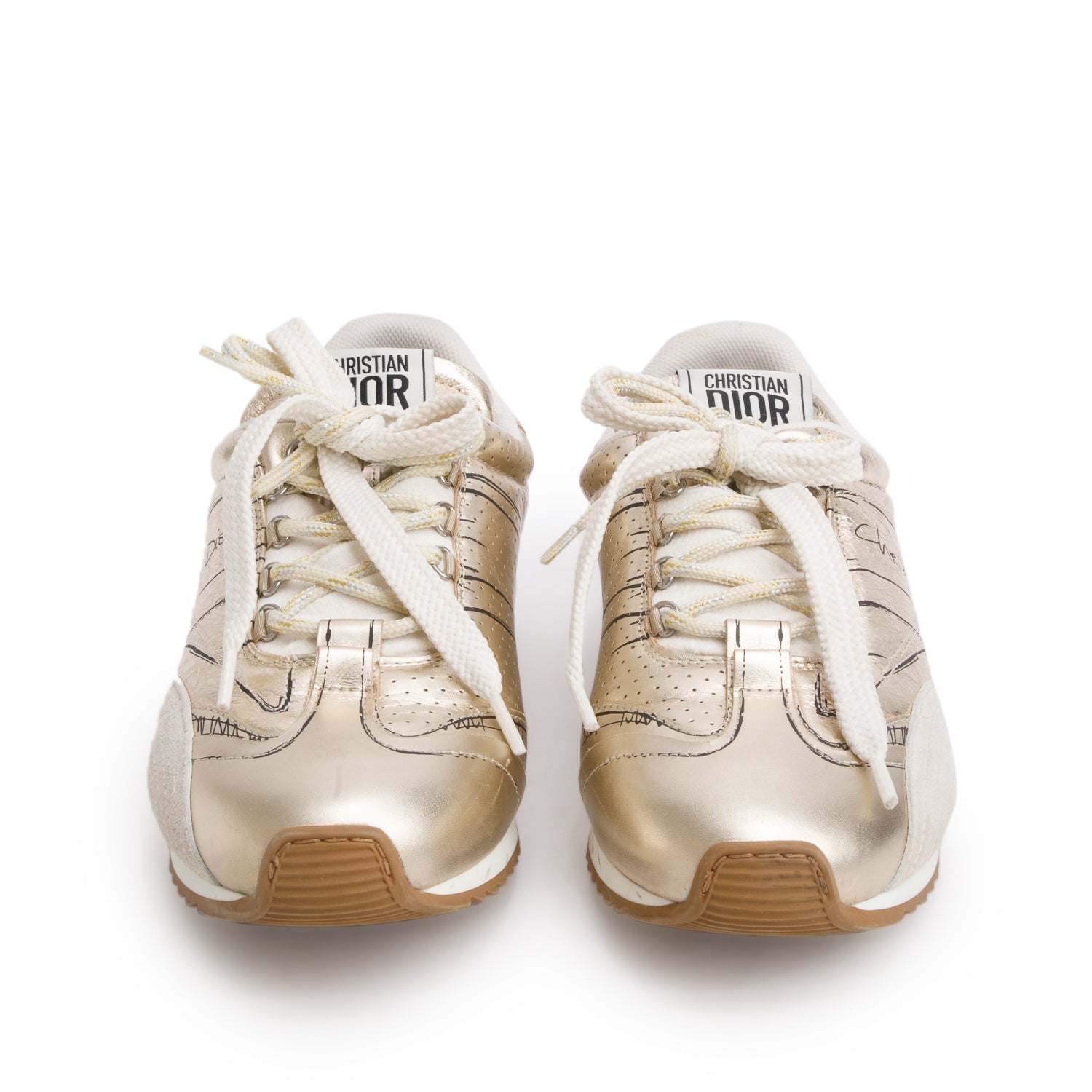 Christian Dior Metallic Gold Leather Beige Suede D-Sketch Sneakers, Size 38 w/ Box