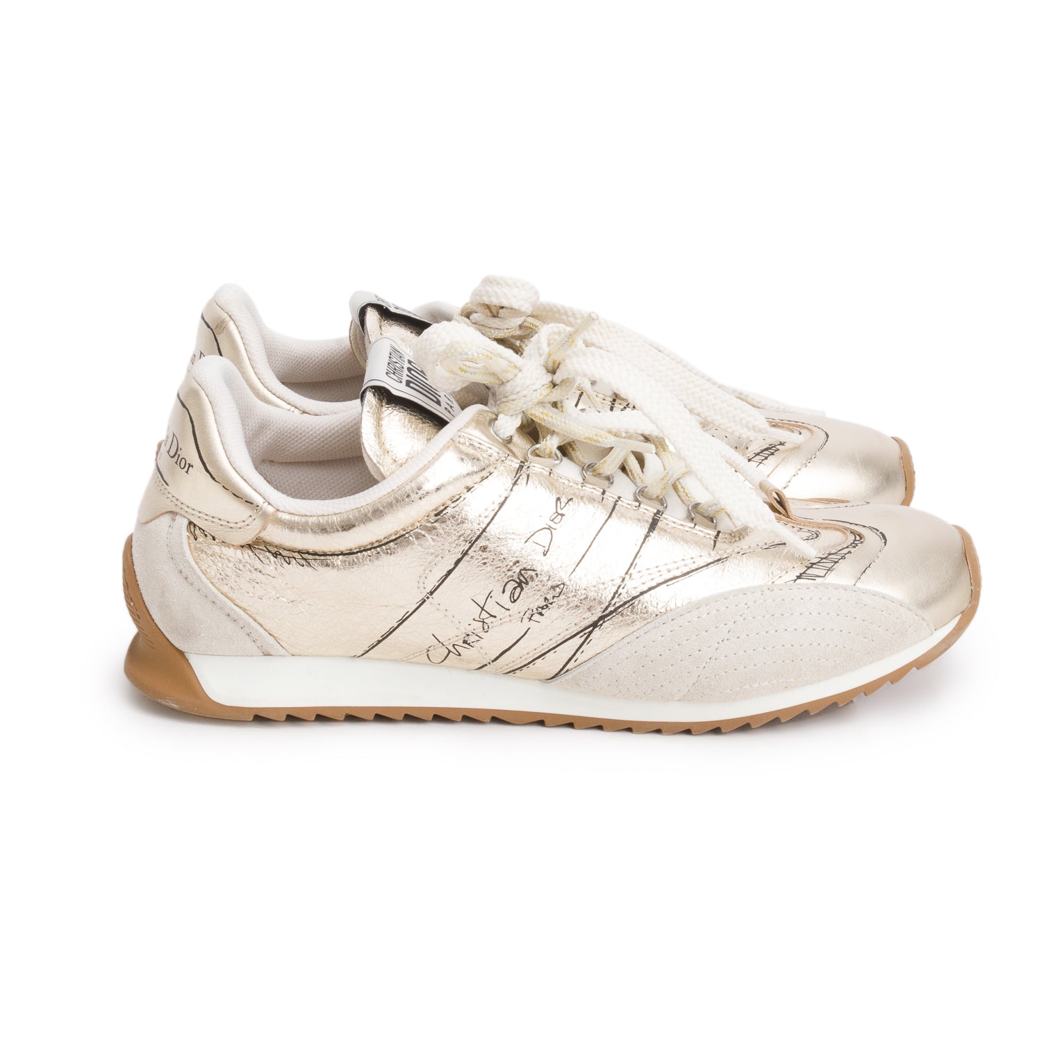 Christian Dior Metallic Gold Leather Beige Suede D-Sketch Sneakers, Size 38 w/ Box