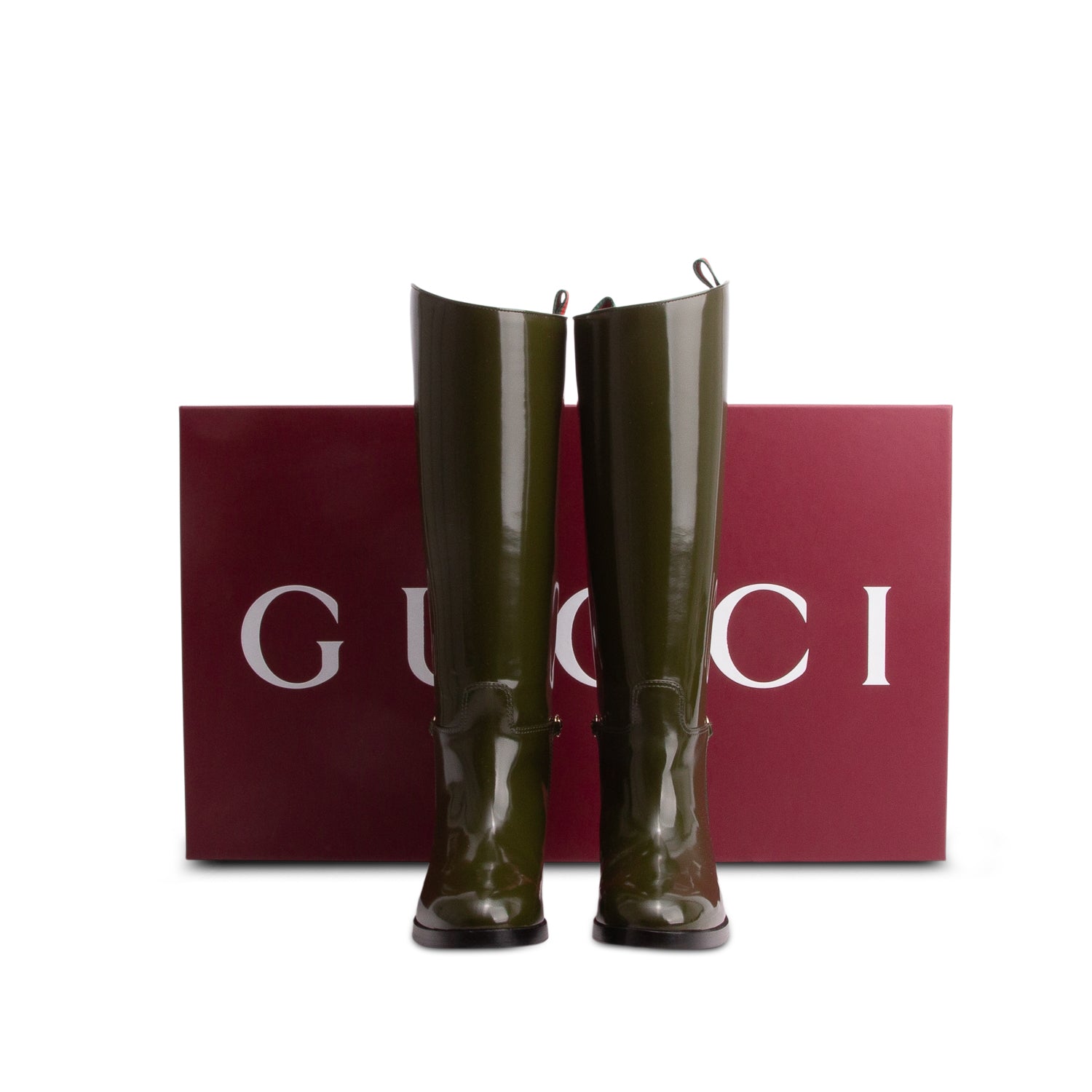 Gucci Green Patent Leather Web Horsebit Riding Boots, Size 39 w/ Box