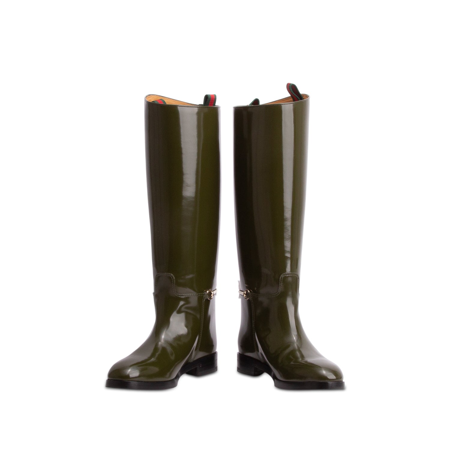 Gucci Green Patent Leather Web Horsebit Riding Boots, Size 39 w/ Box