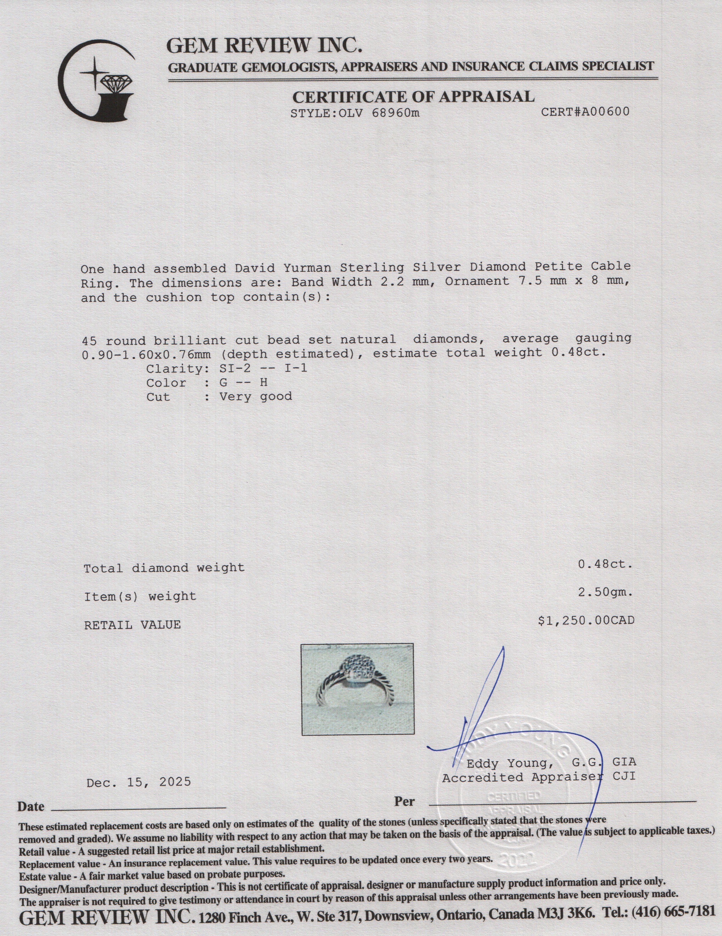 David Yurman Sterling Silver Diamond Petite Cable Ring, Size 4