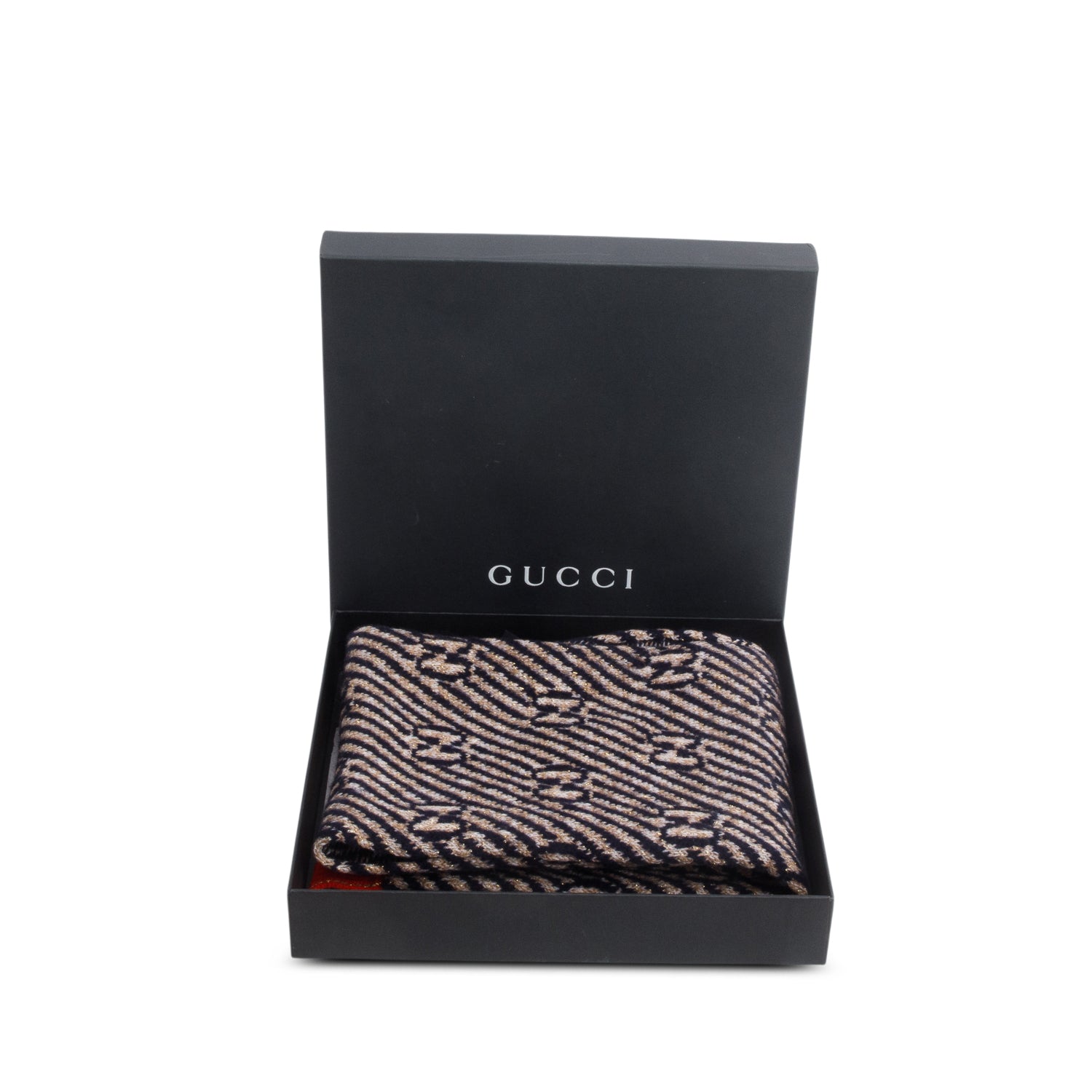 Gucci Navy Gold Wool Monogram GG Scarf w/ Box