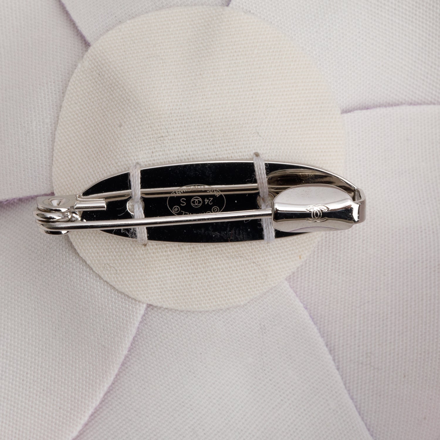 Chanel 2024 Palladium Plated Purple Satin Camellia Flower Brooch w/ Box