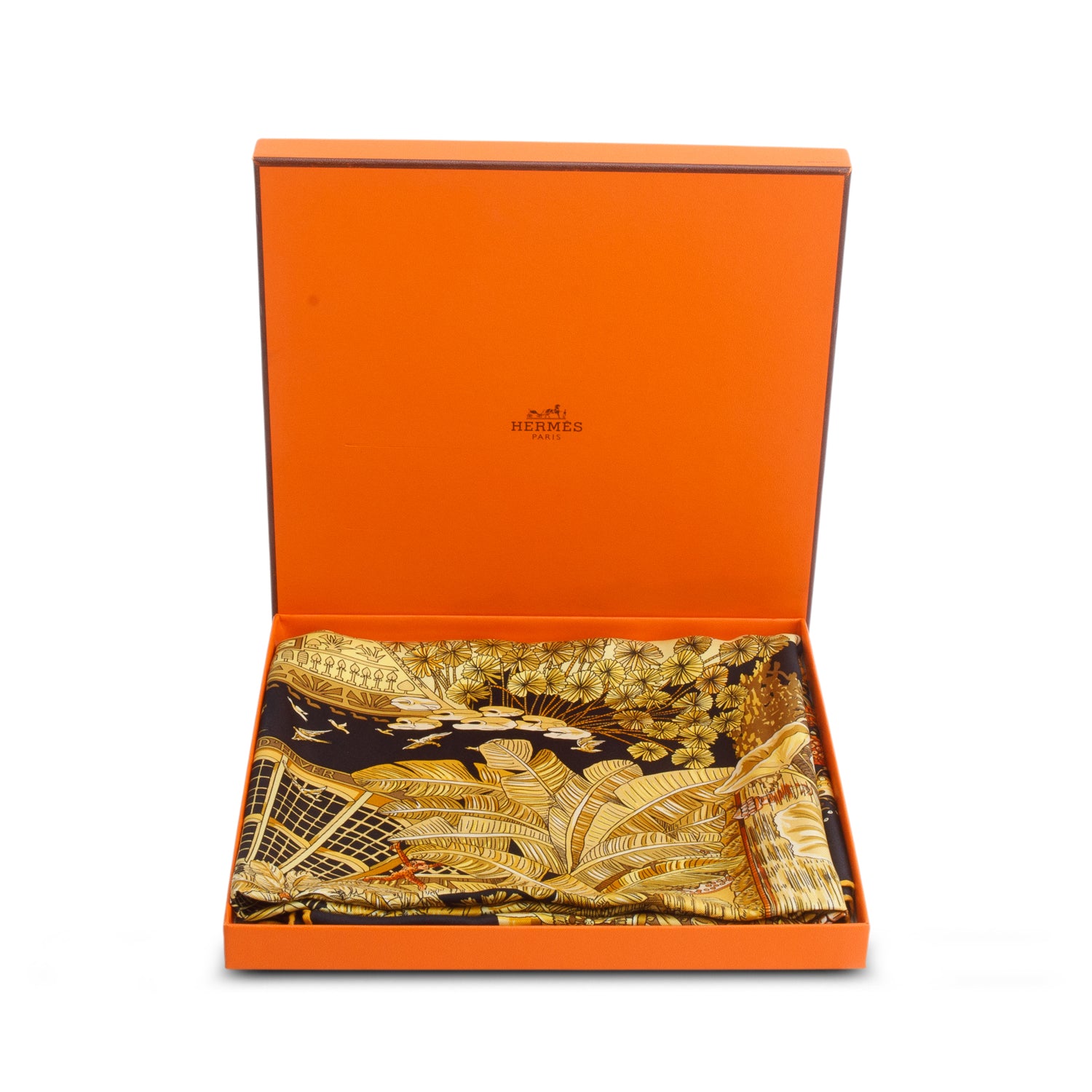 Hermes Black/Yellow 'Jardins D'Hiver' Silk Scarf 90 w/ Box