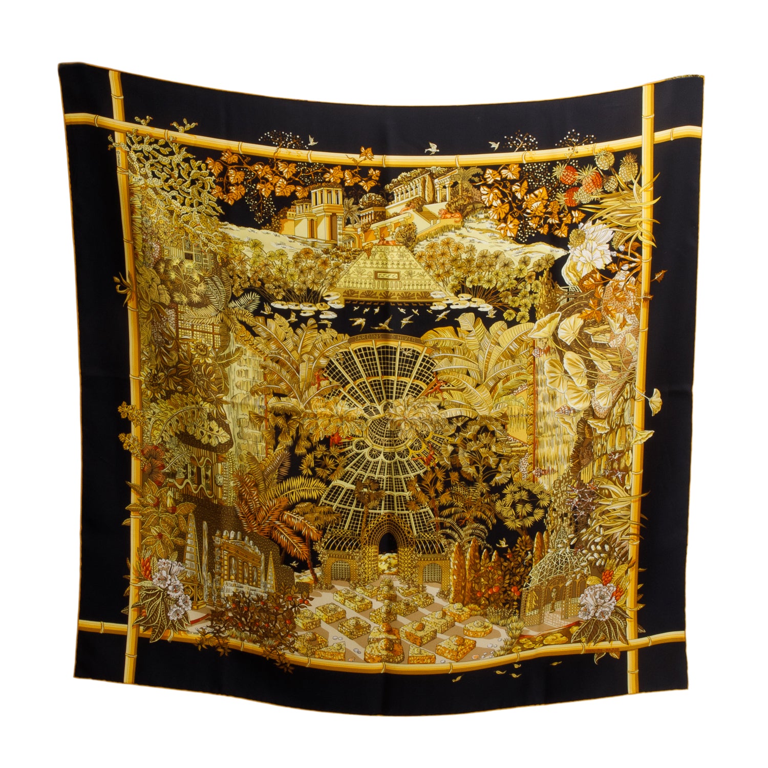 Hermes Black/Yellow 'Jardins D'Hiver' Silk Scarf 90 w/ Box