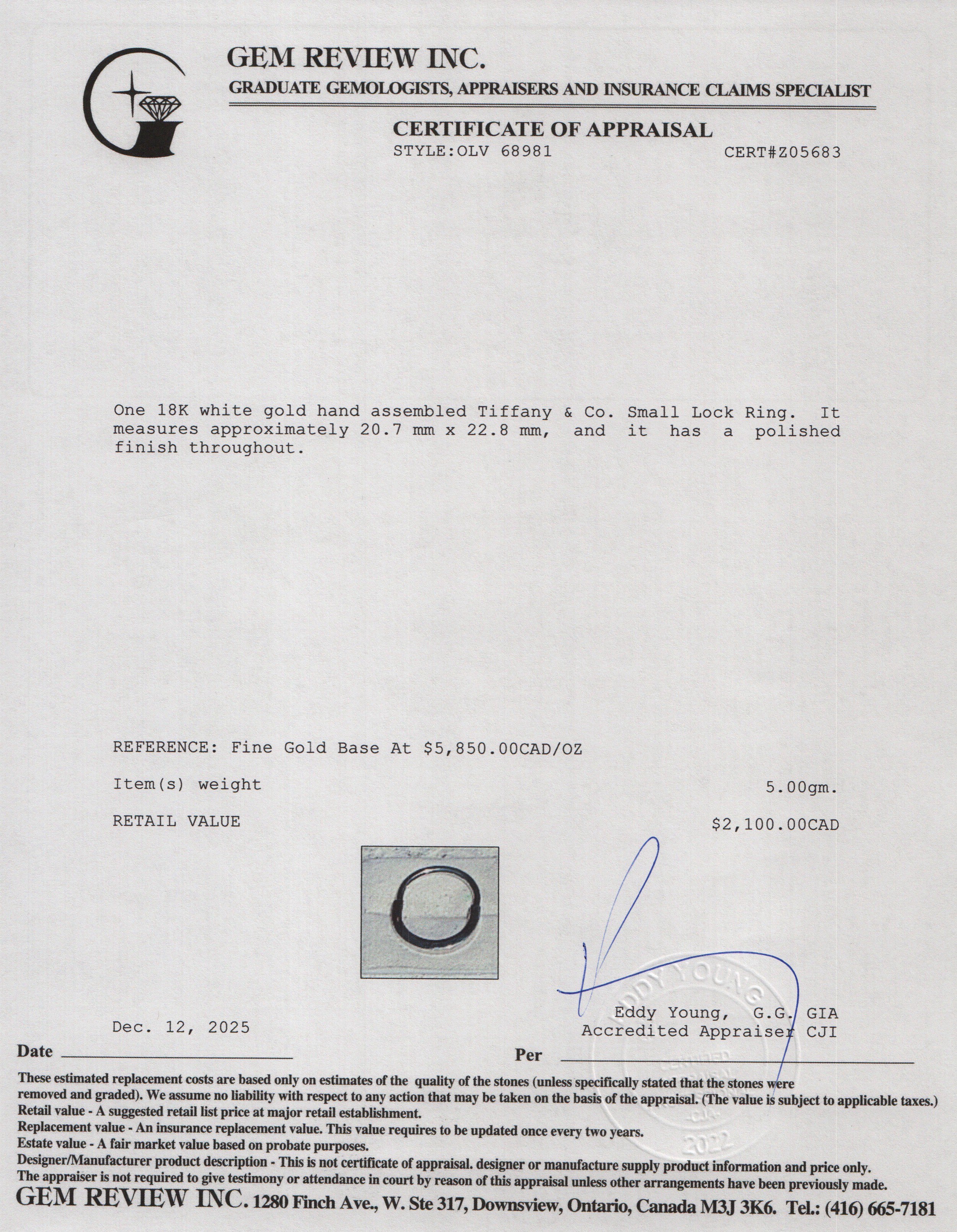 Tiffany & Co. 2025 18k White Gold Lock Ring, Size 6.5 w/ Box & Receipt