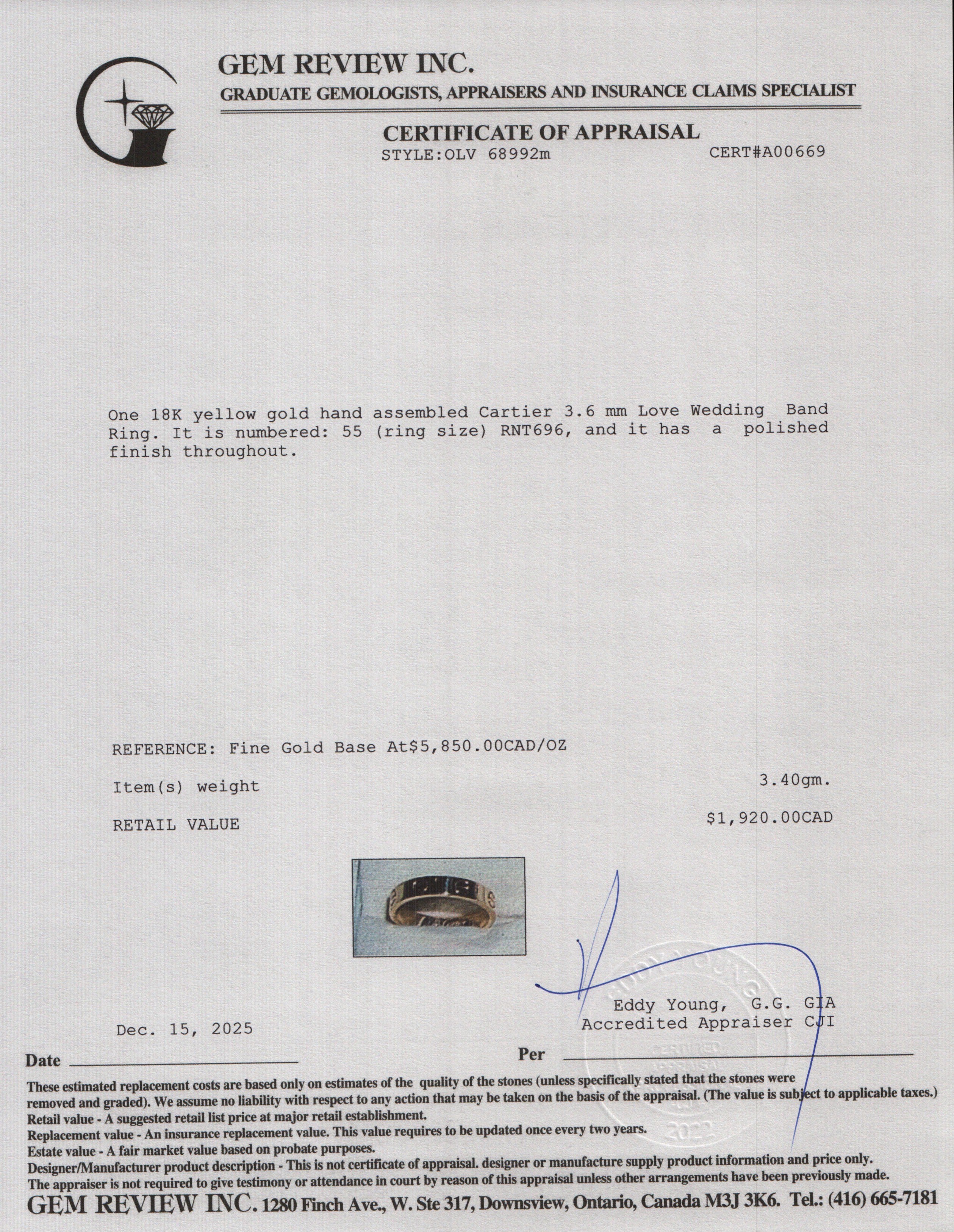 Cartier 2022 18k Yellow Gold 3.6 mm Love Wedding Band Ring, Size 55 7.25 w/ Box & Receipt