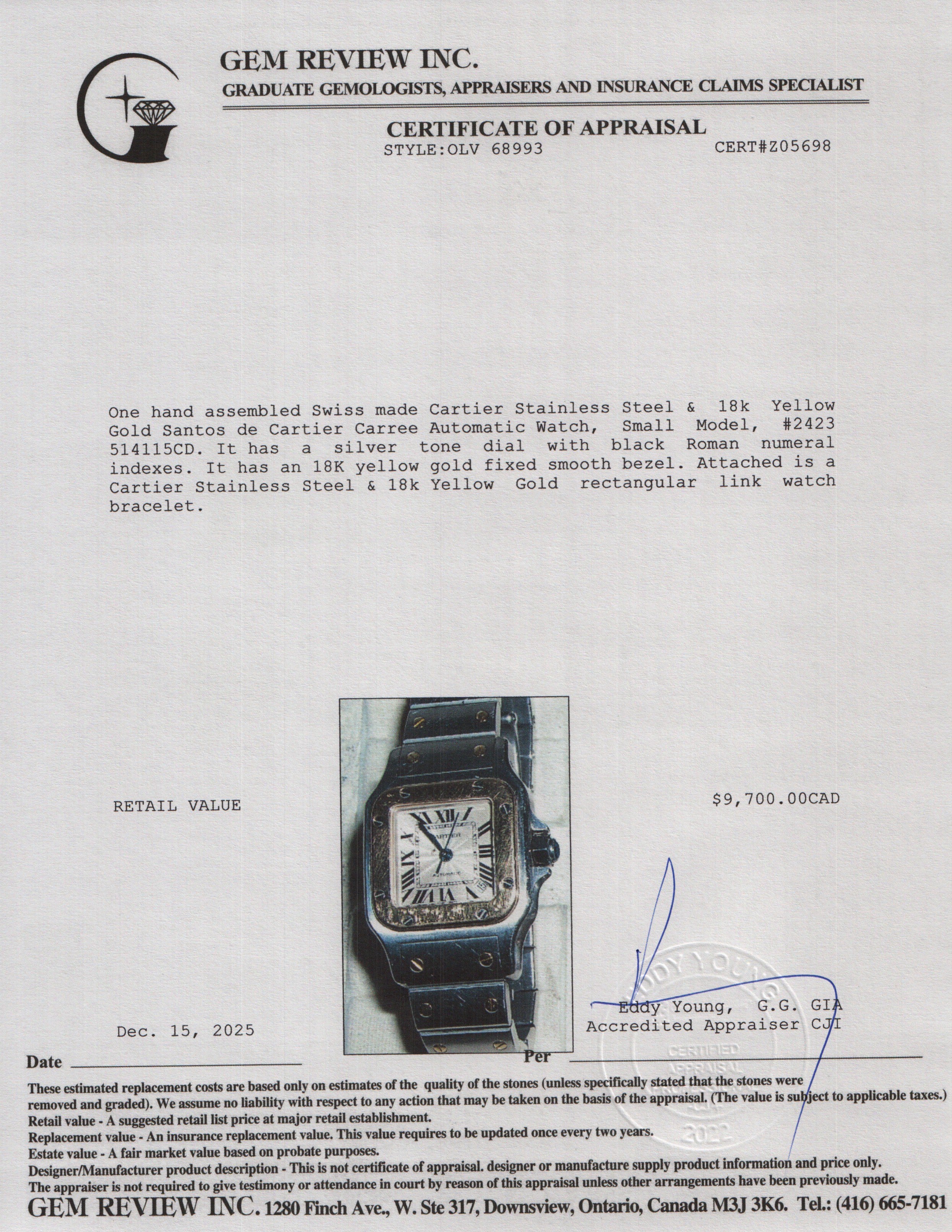 Cartier Stainless Steel & 18k Yellow Gold Santos de Cartier Carree Automatic Watch, Small Model 2423 w/ Box