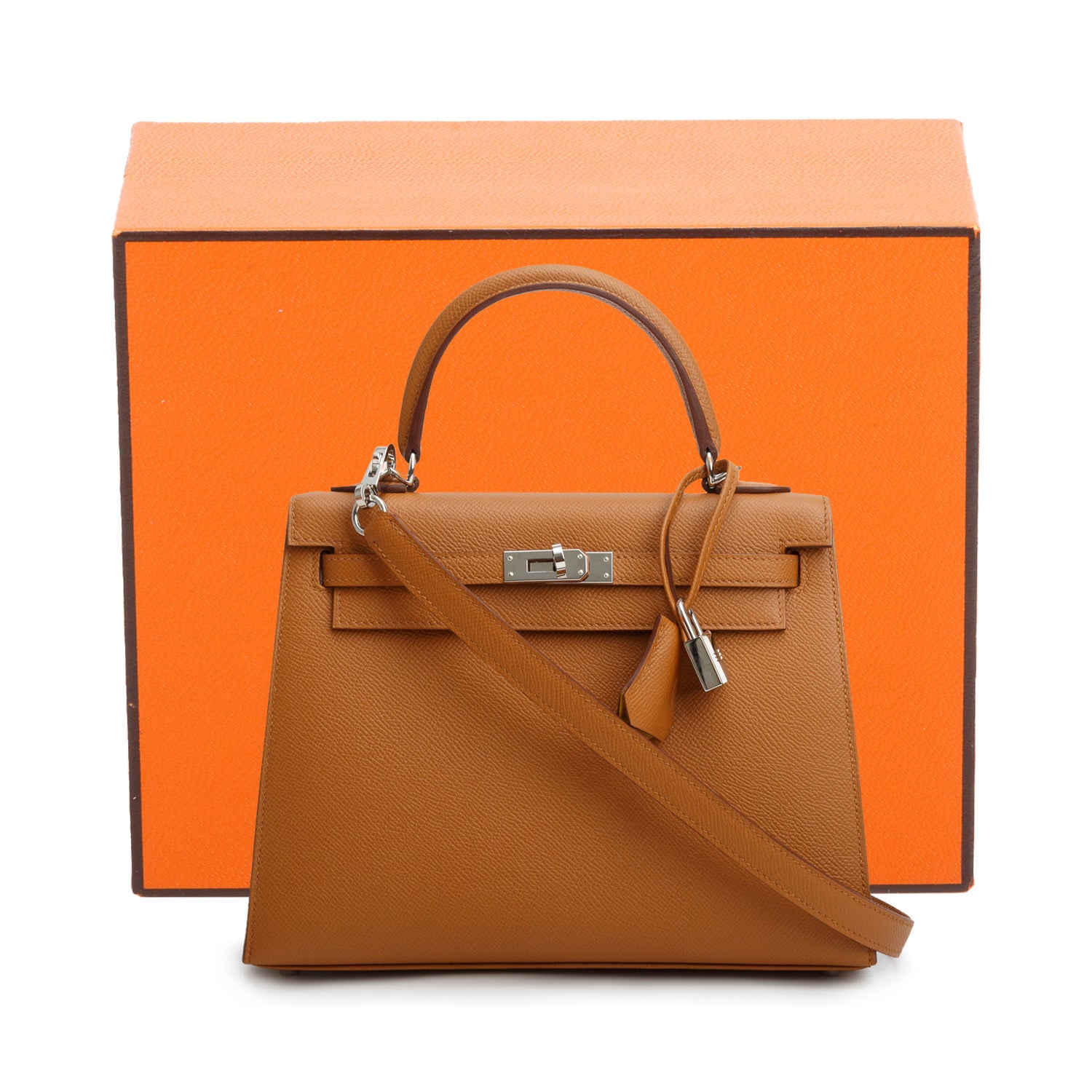 Hermes 2021 Gold Veau Epsom Kelly II Sellier 25 w/ Box, Receipt & Strap