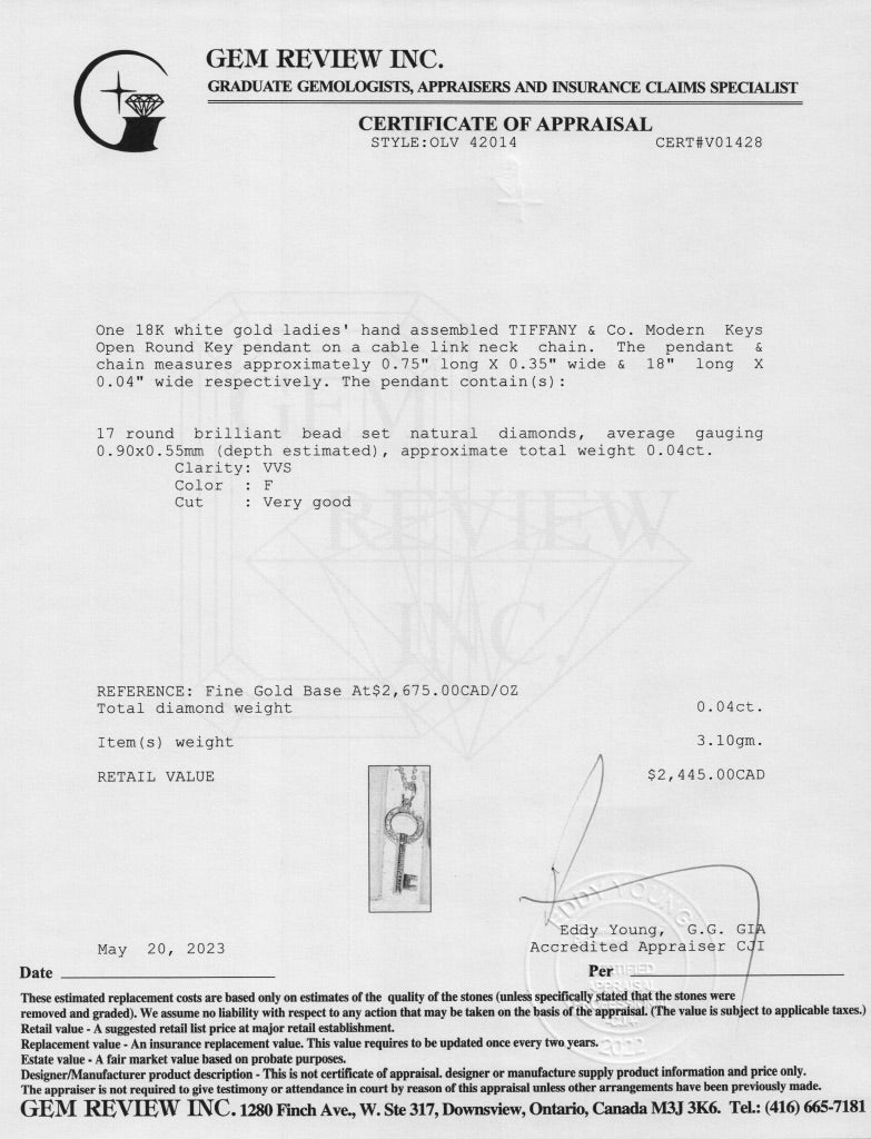 Tiffany & Co. 18k White Gold Diamond Modern Keys Open Round Key Pendant Necklace