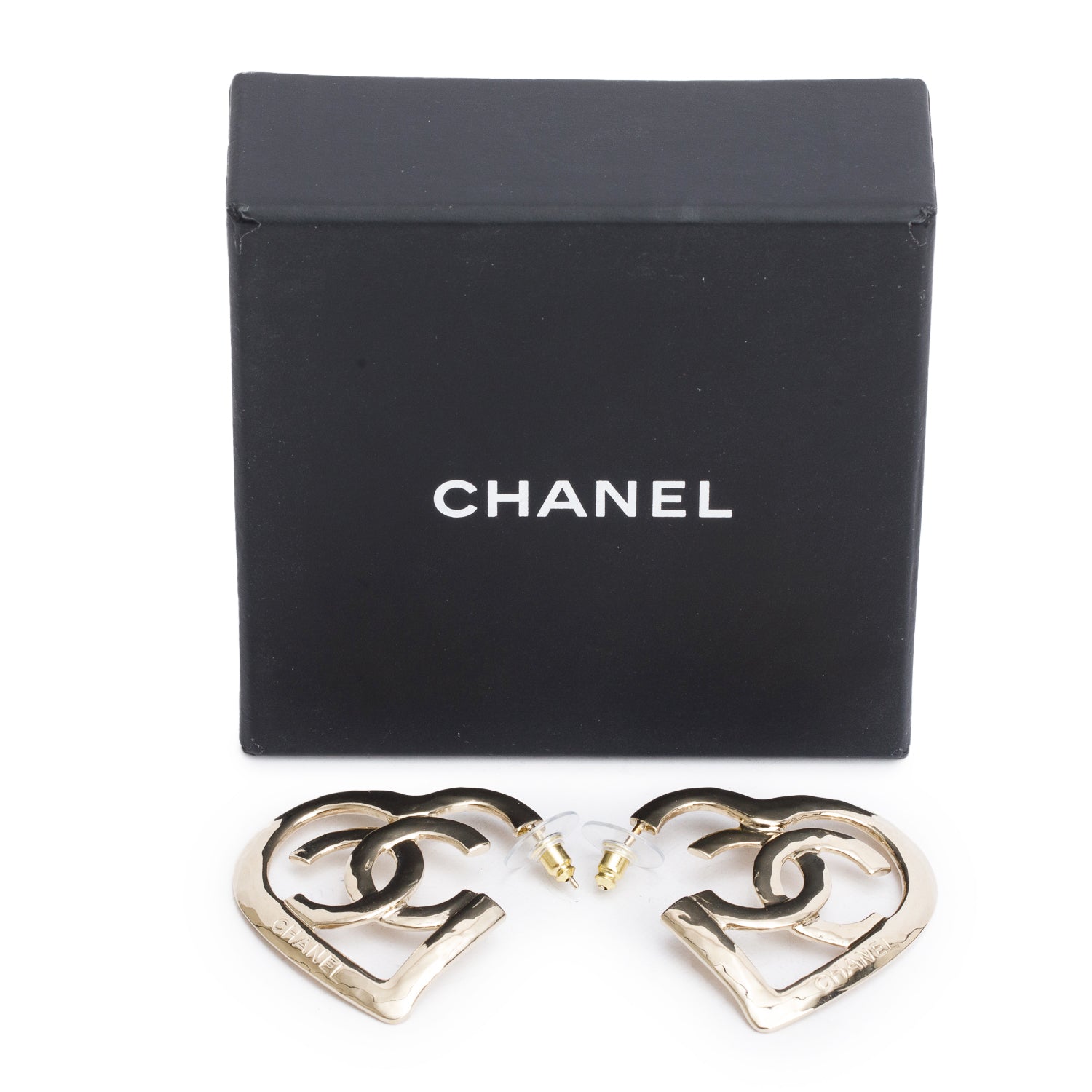 Chanel 2022 Gold-Plated Heart CC Hoop Earrings w/ Box