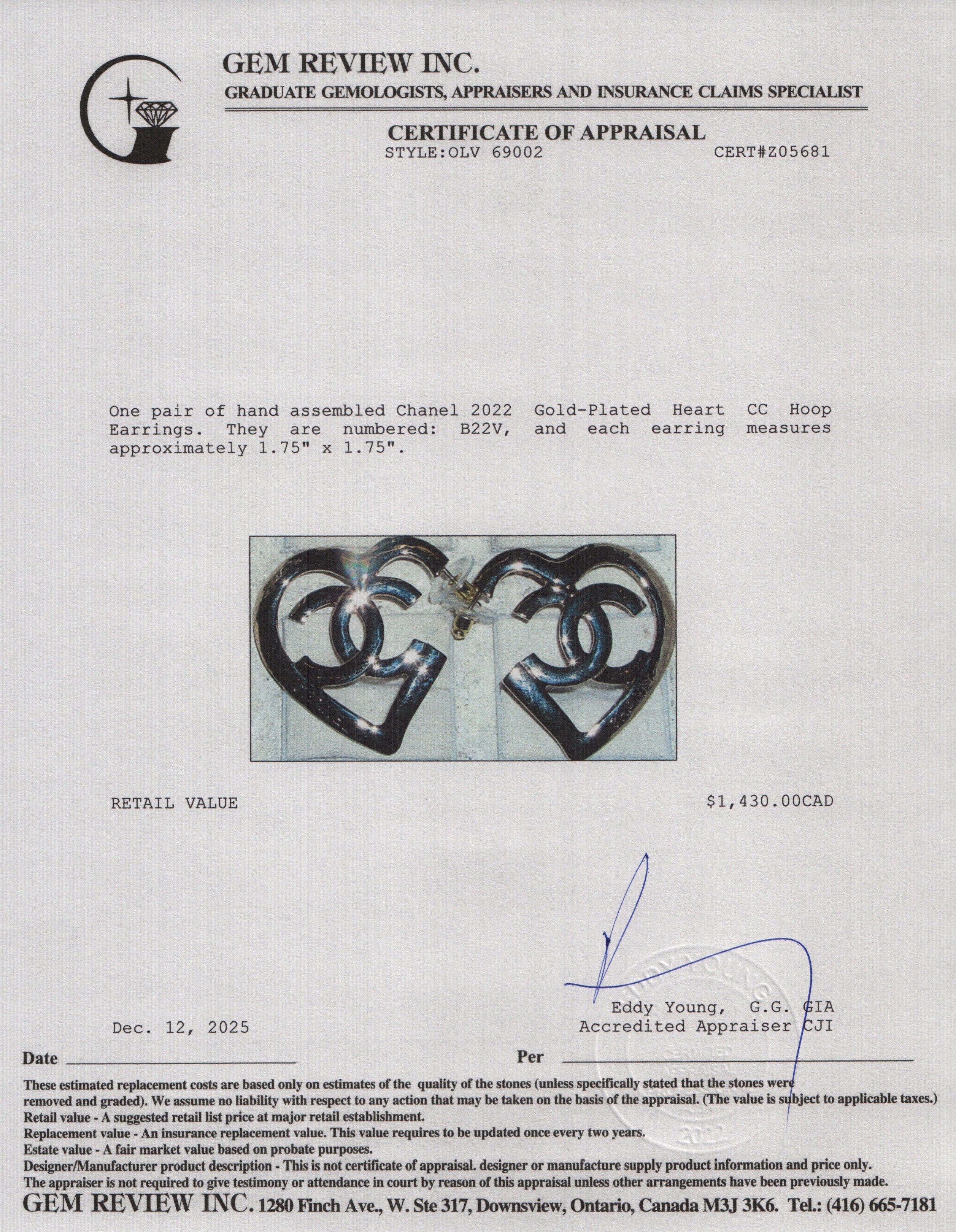 Chanel 2022 Gold-Plated Heart CC Hoop Earrings w/ Box