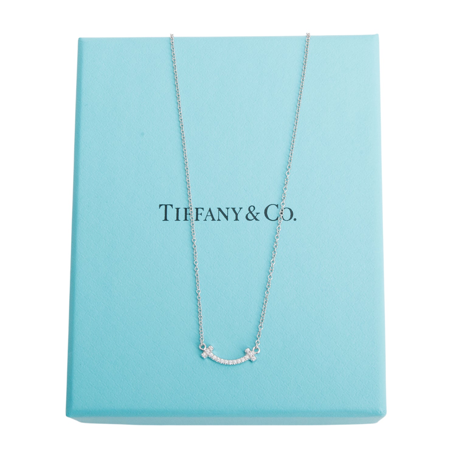 Tiffany & Co. 18k White Gold Mini T Smile Diamond Pendant Necklace w/ Box