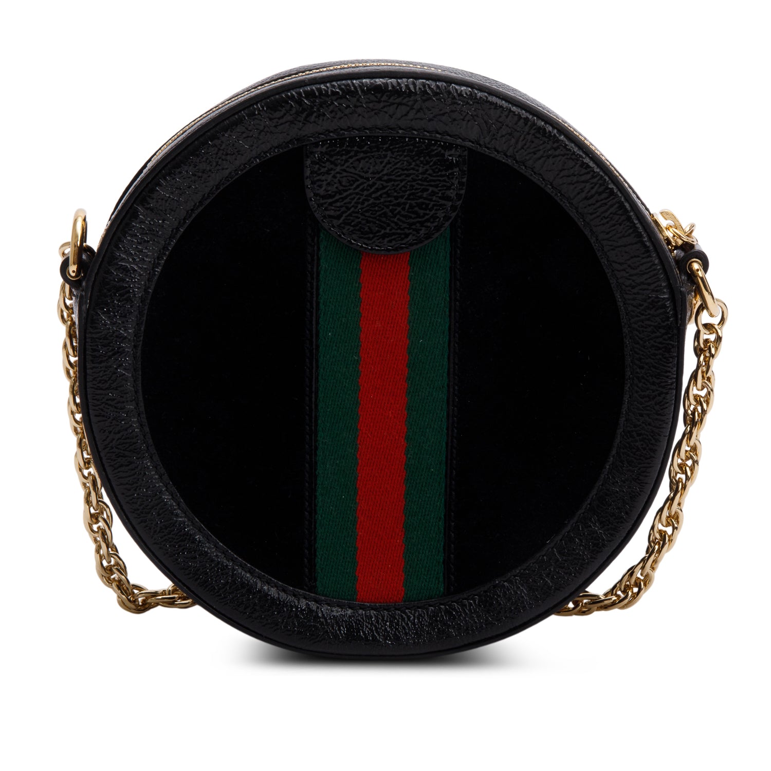 Gucci Black Suede Patent Leather Web Ophidia Mini Round Shoulder Bag
