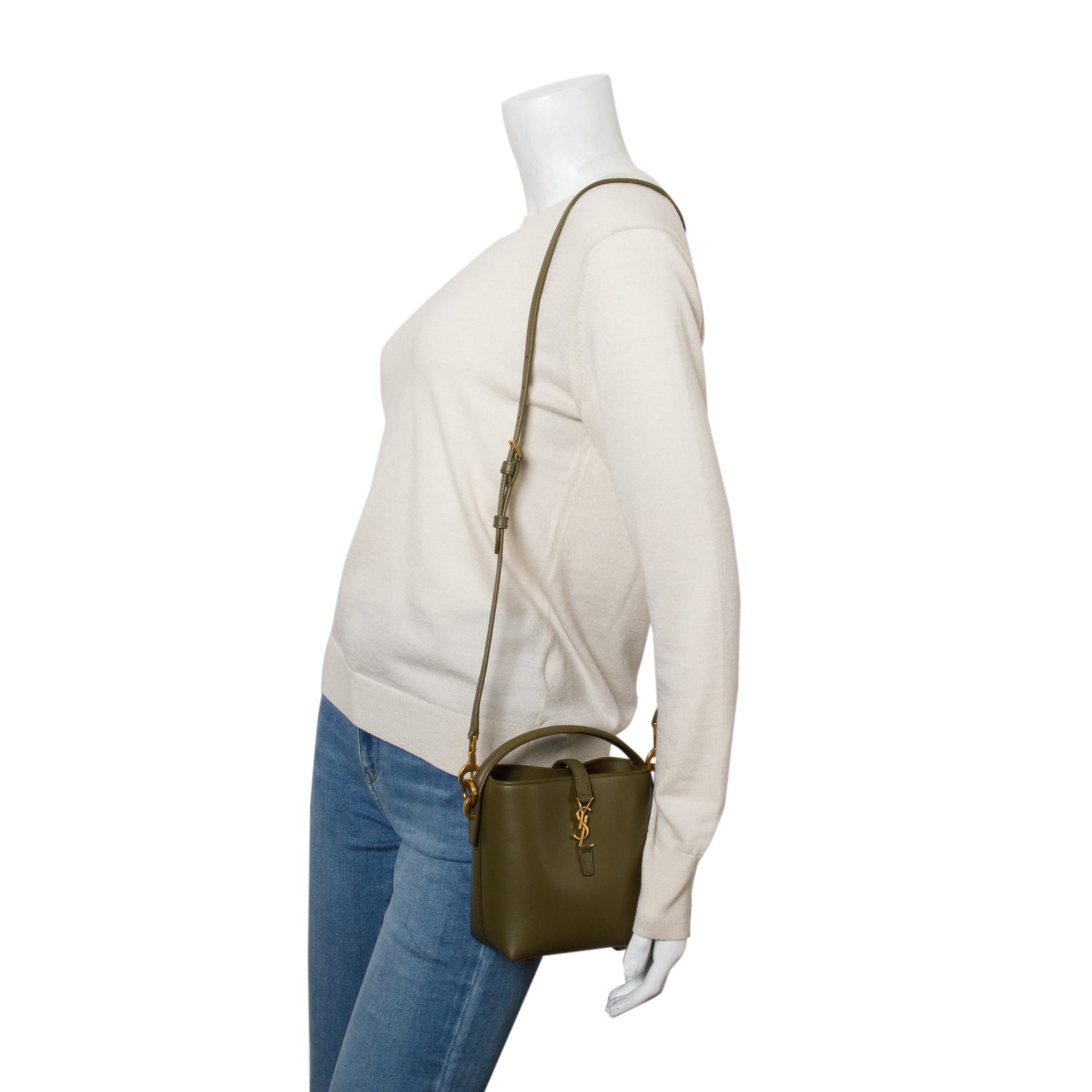 Saint Laurent 2024 Olive Shiny Calfskin Le 37 Mini Bucket Bag w/ Strap