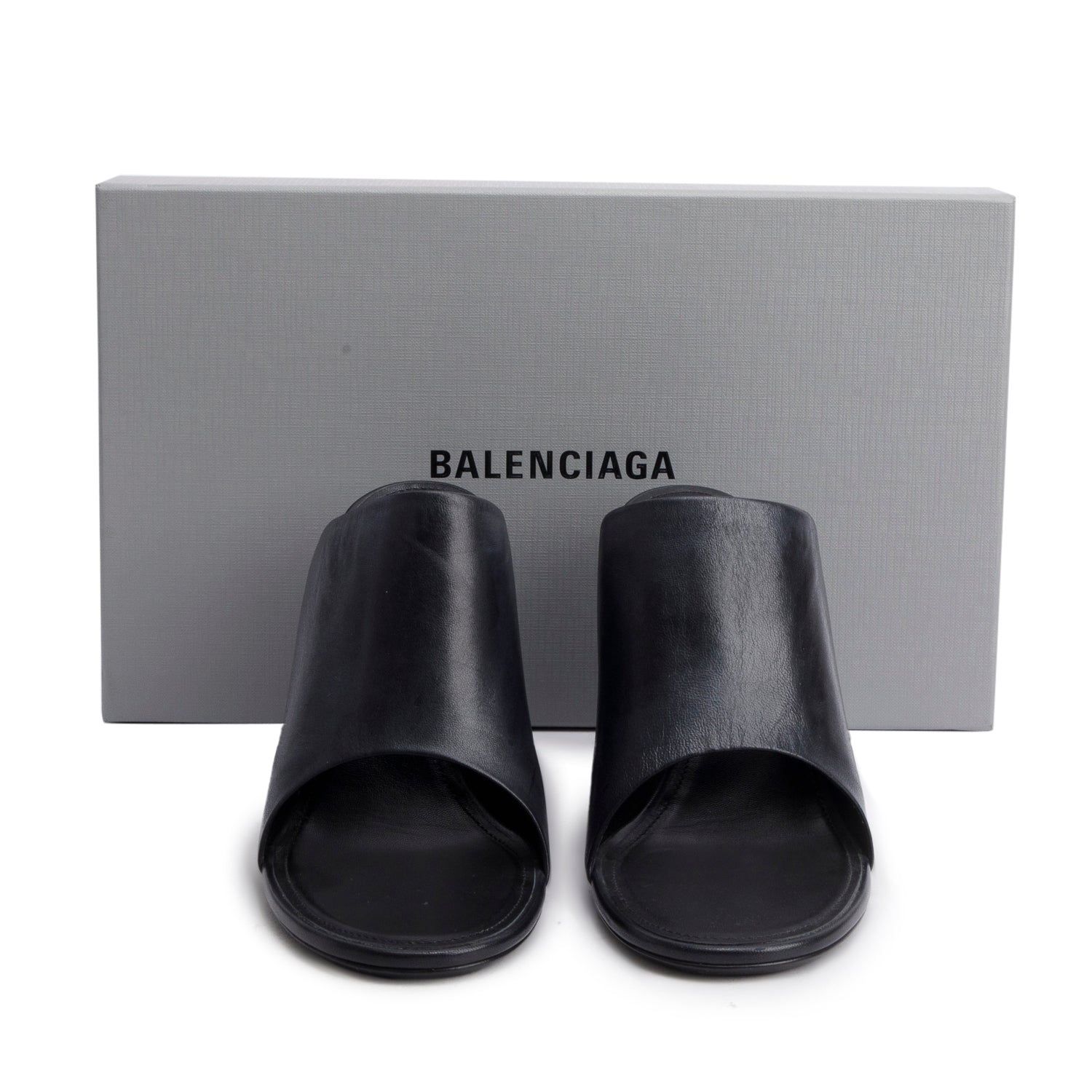 Balenciaga Black Shiny Sheepskin Oval Sandals, Size 40 w/ Box