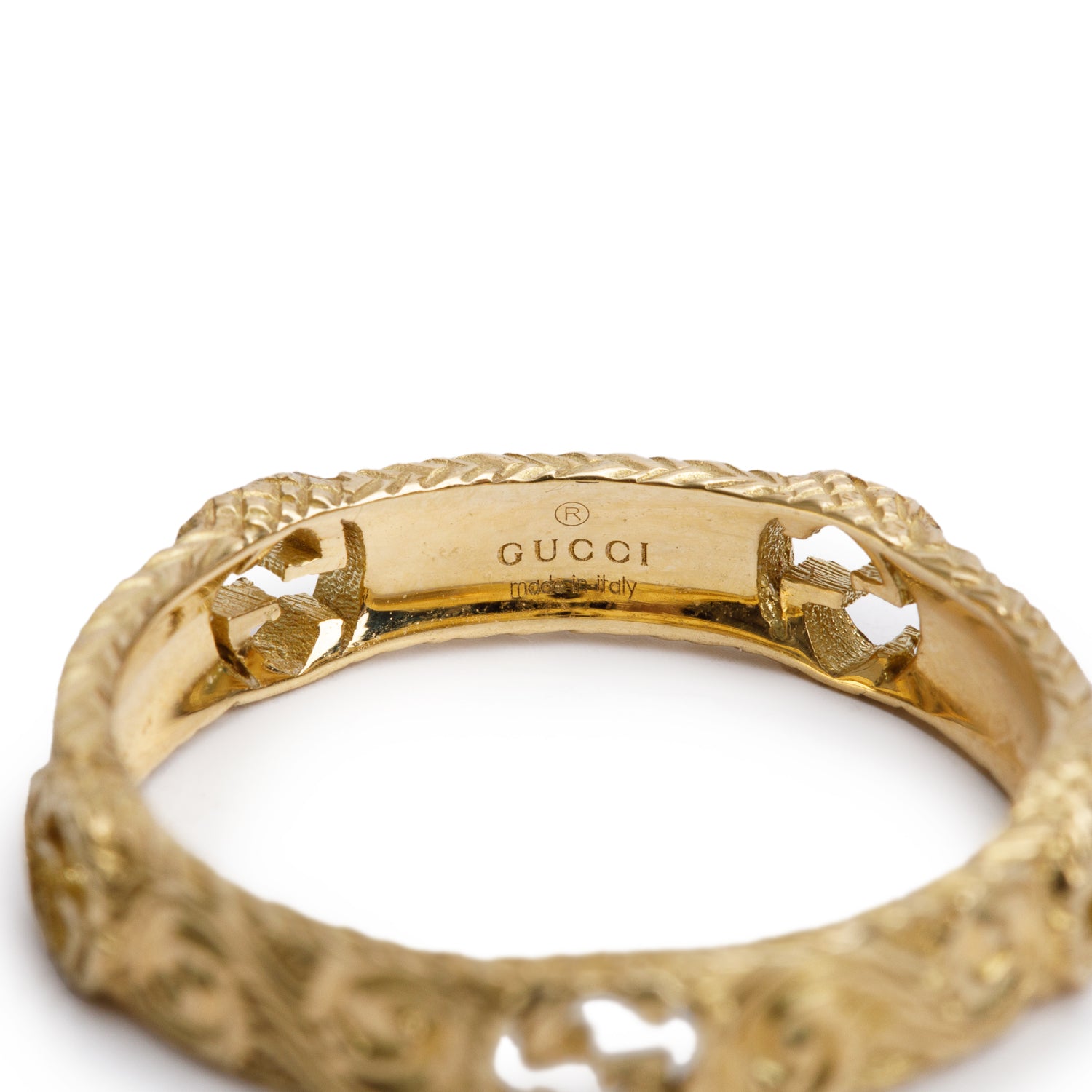 Gucci 18k Yellow Gold Interlocking G Arabesque Ring, Size 17 8