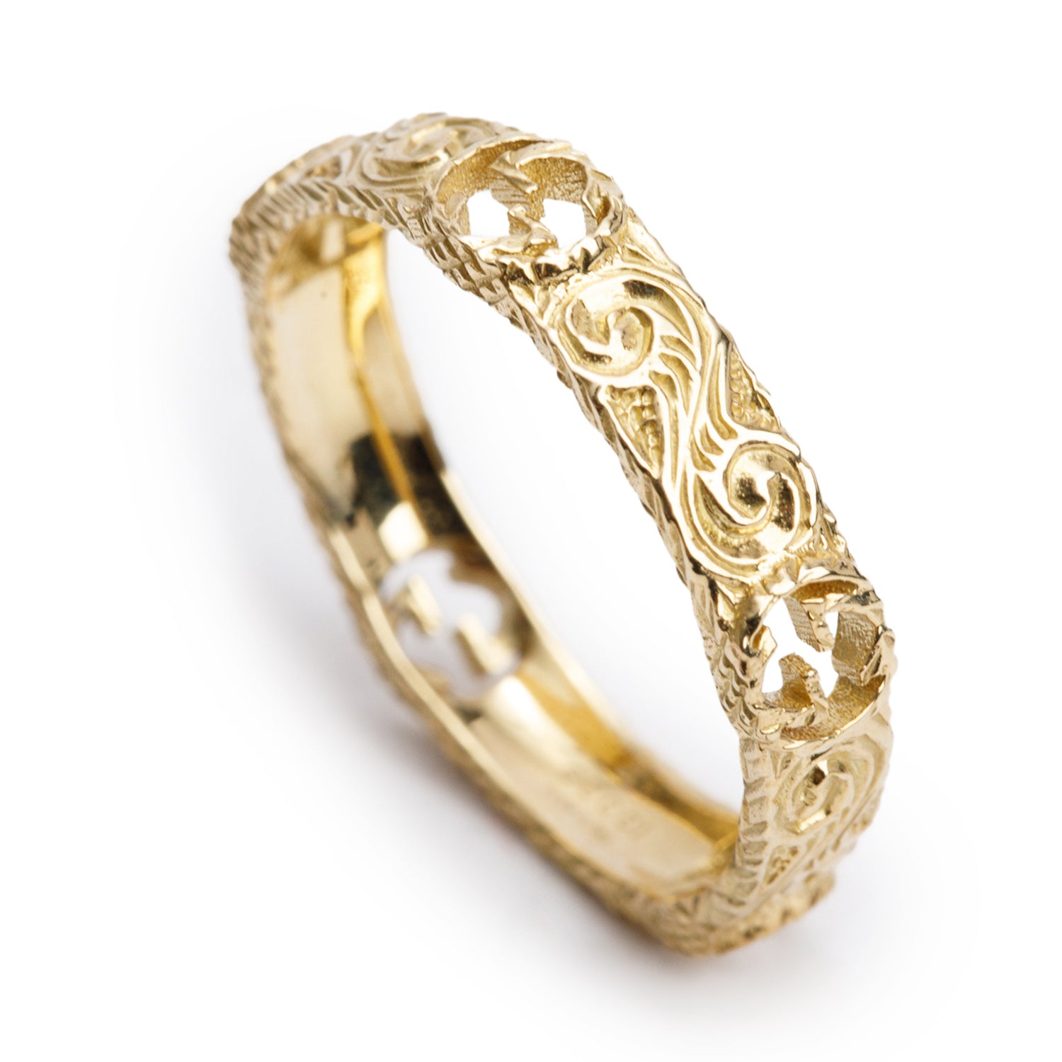 Gucci 18k Yellow Gold Interlocking G Arabesque Ring, Size 17 8