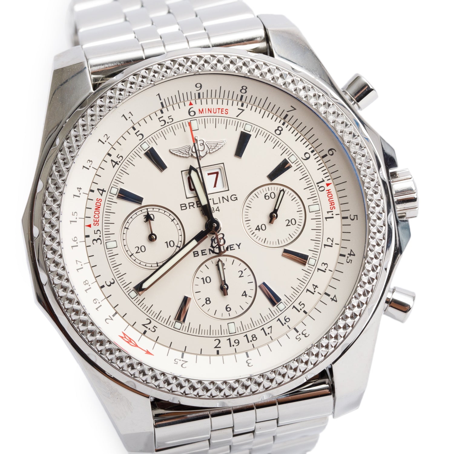 Breitling Stainless Steel Bentley 6.75 49 MM Automatic Chronograph Watch Silver Dial A44362 w/ Box & Papers