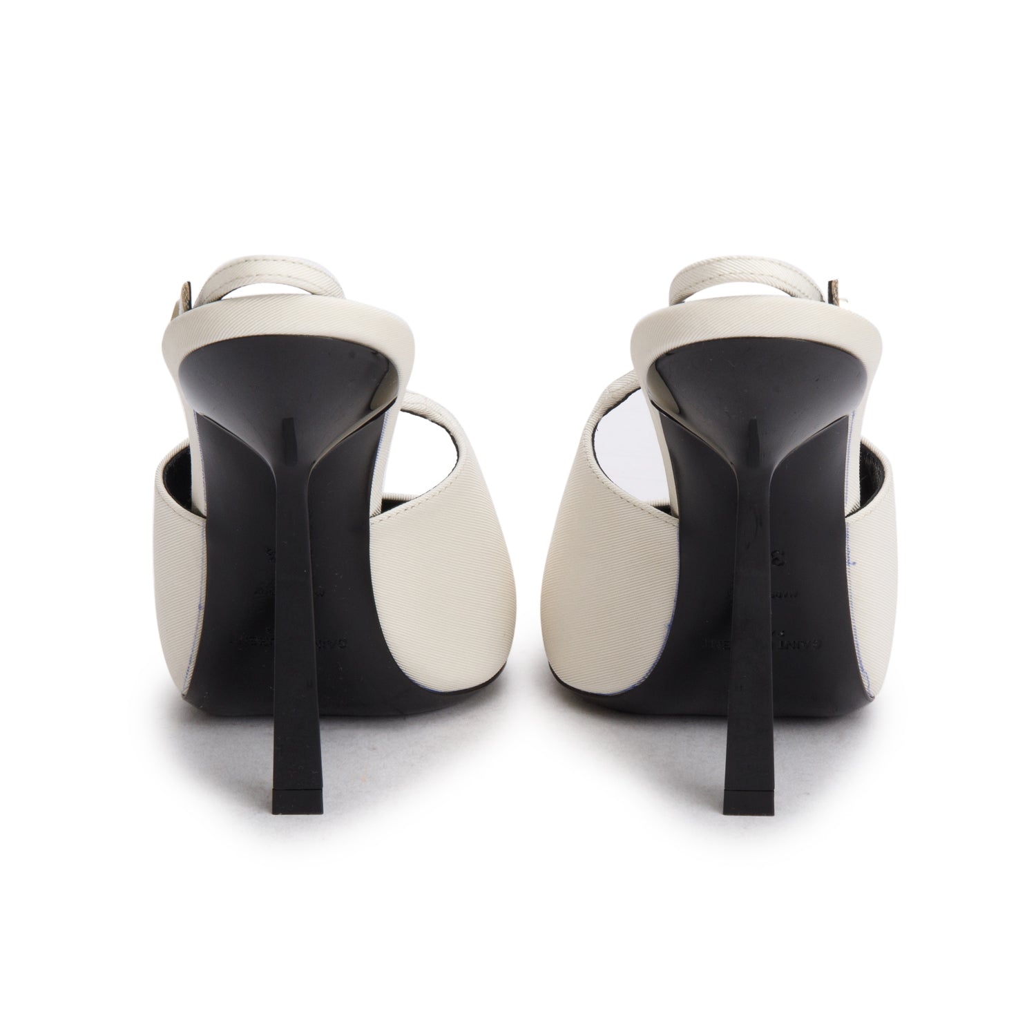 Saint Laurent White Satin Black Patent Leather Ines 115 Pumps, Size 36.5 w/ Box