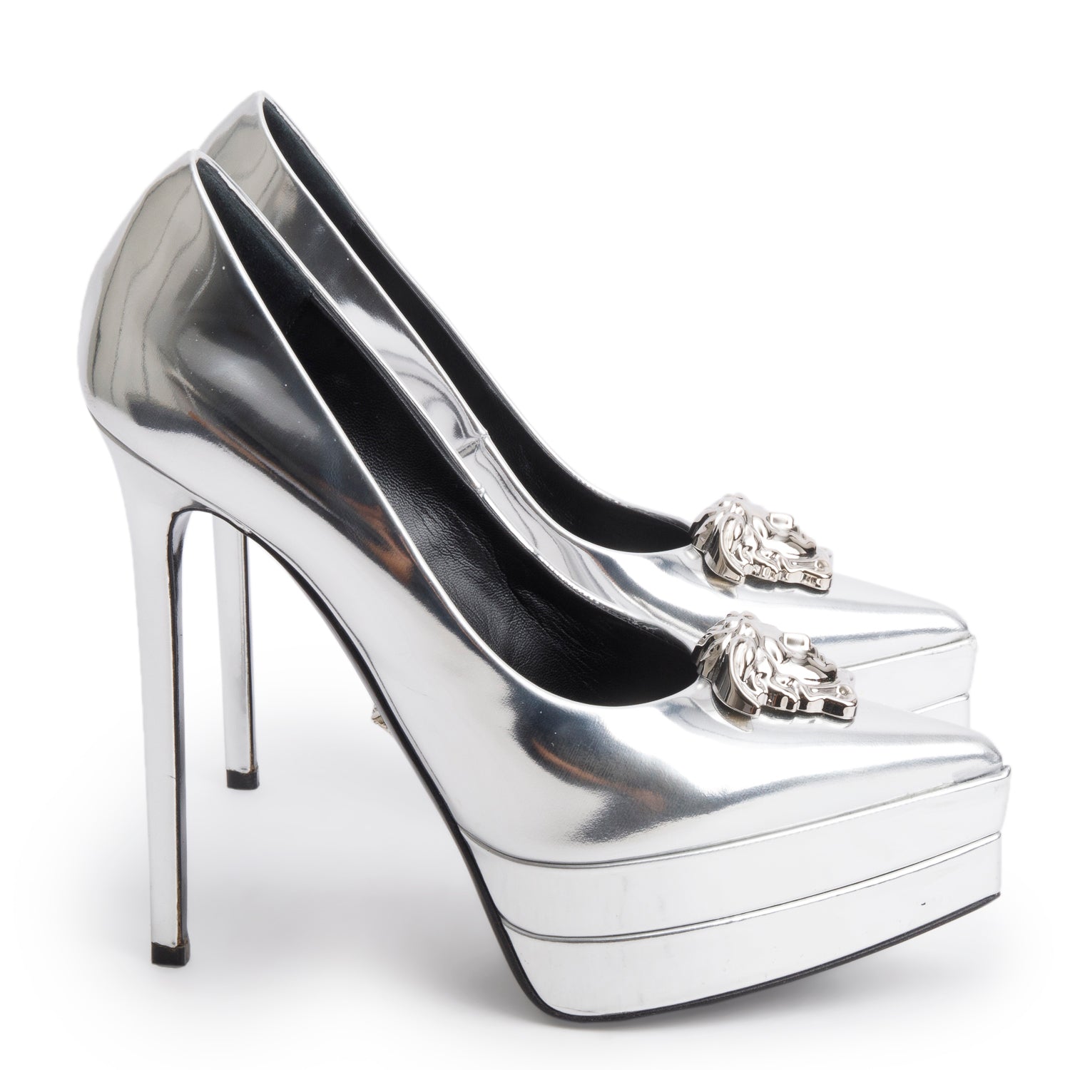 Versace Silver Patent Leather Medusa Insignia Double Platform Pumps, Size 37.5 w/ Box