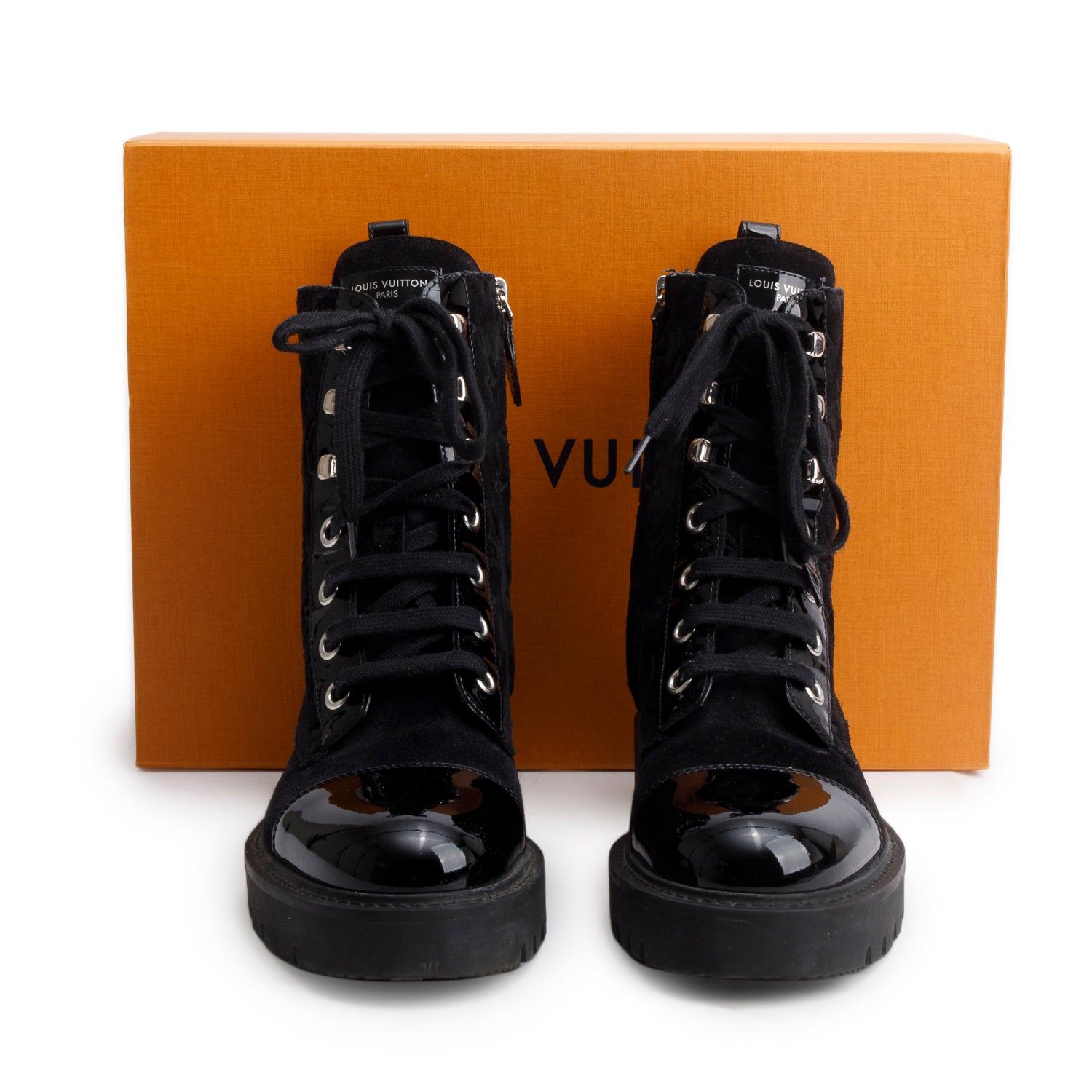 Louis Vuitton Black Suede Patent Leather Monogram Citizen Flat Ranger Boots, Siz3e 37.5 w/ Box