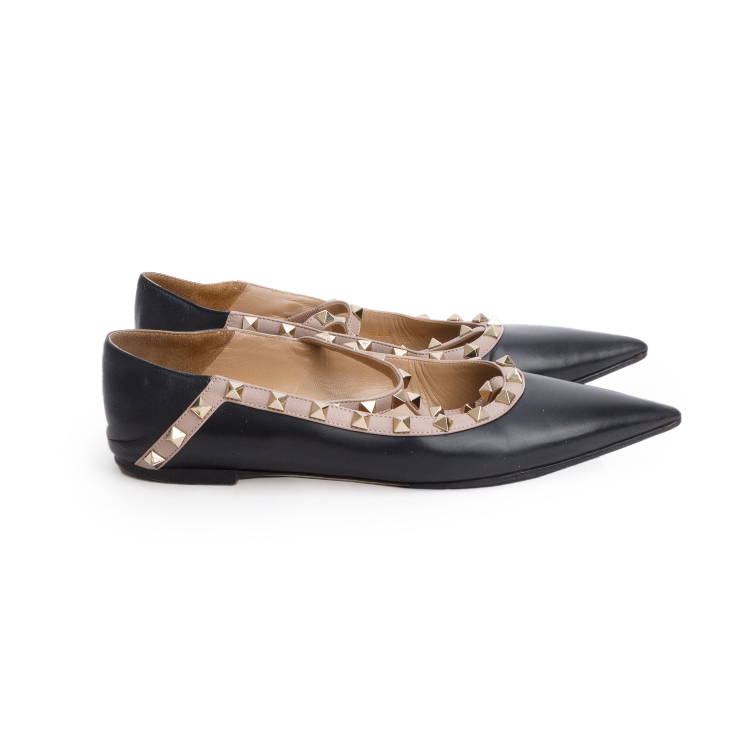 Valentino Black Nappa Leather Rockstud Caged Ballet Flats, Size 39